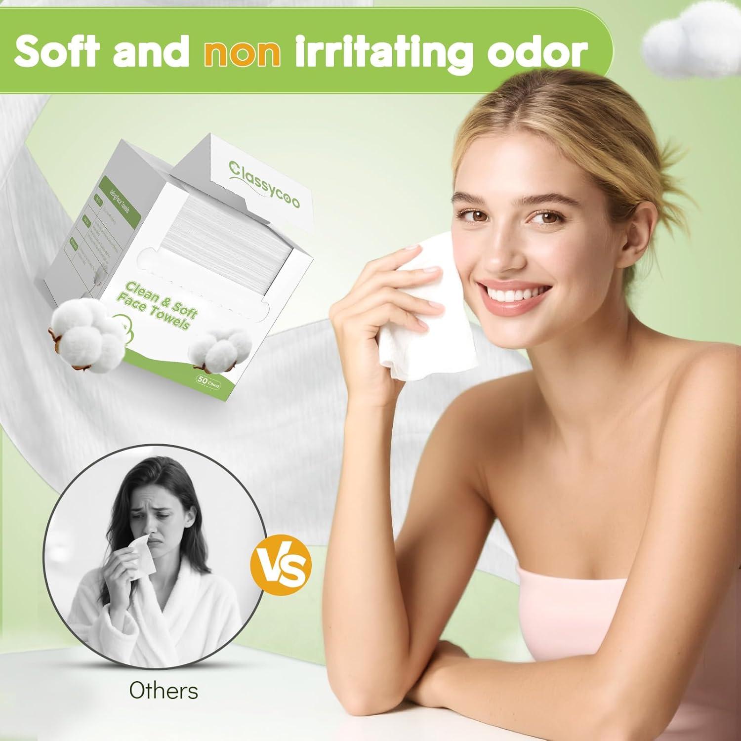 Toallas Faciales Desechables Classycoo XL 100% Algodón Suave 50 Unidades