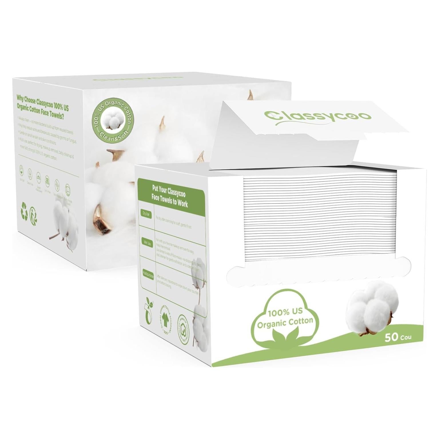 Toallas Faciales Desechables Classycoo XL 100% Algodón 30x25 CM