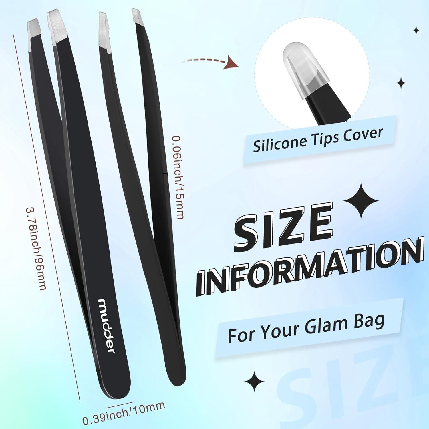 Juego de 6 Pinzas de Cejas Mudder Acero Inoxidable Negro