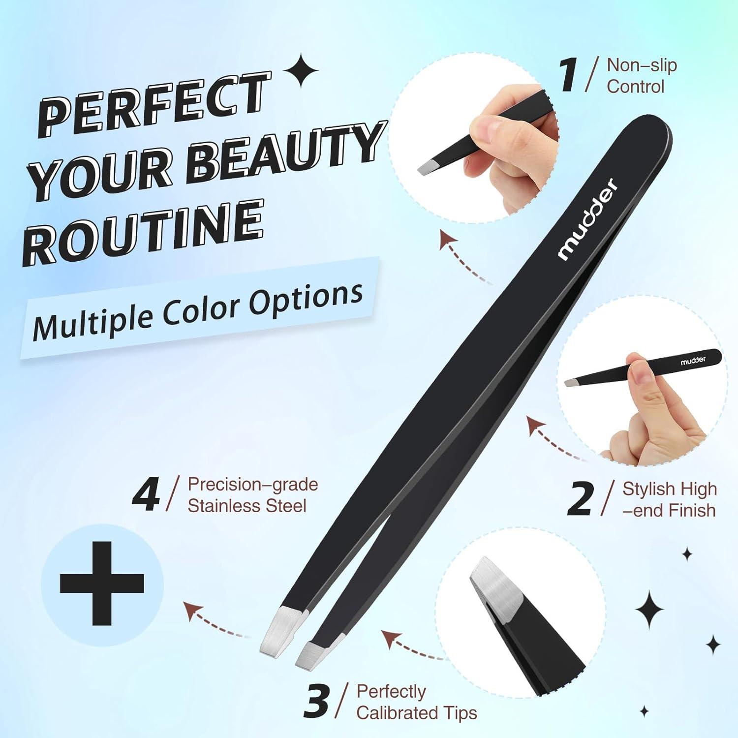 Juego de 6 Pinzas de Cejas Mudder Acero Inoxidable Negro