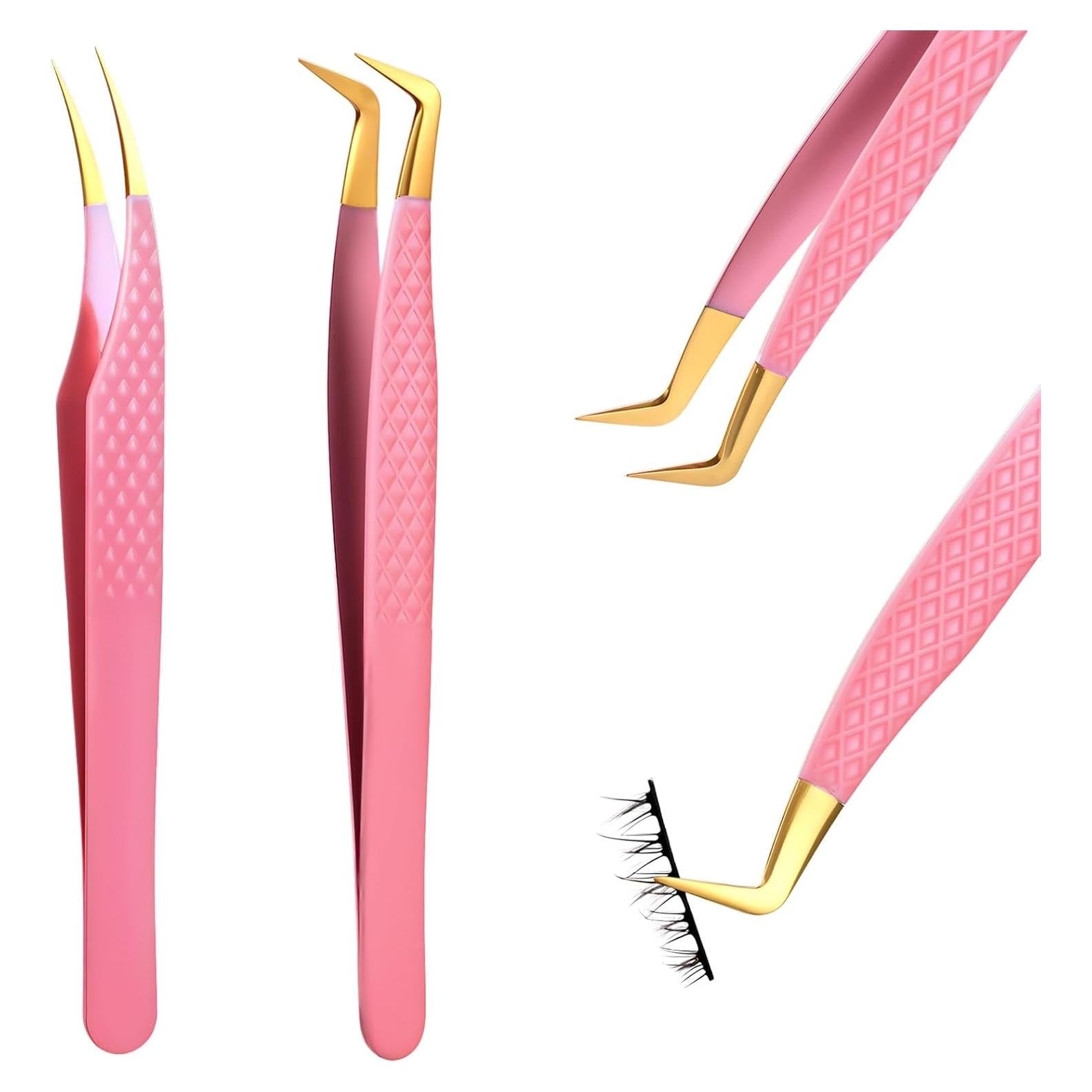 Pinzas para Pestañas TIESOME Rosa Inoxidable 2 Pcs Curvadas