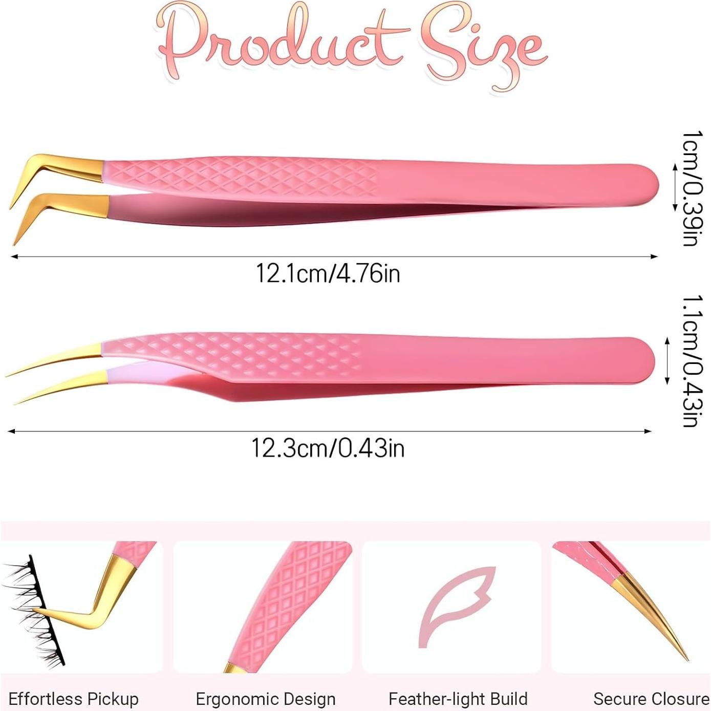 Pinzas para Pestañas TIESOME Rosa Inoxidable 2 Pcs Curvadas