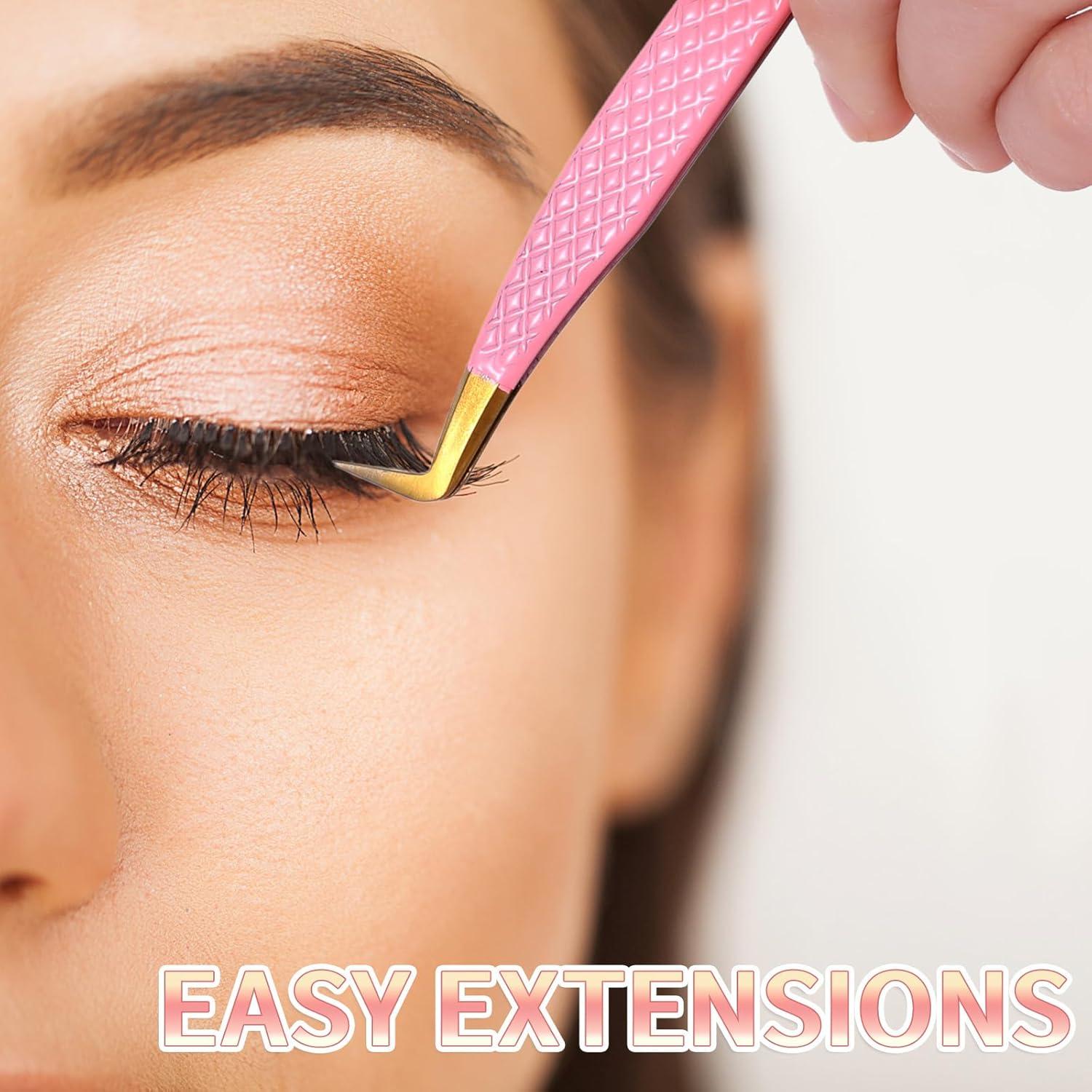 Pinzas para Pestañas TIESOME Rosa Inoxidable 2 Pcs Curvadas