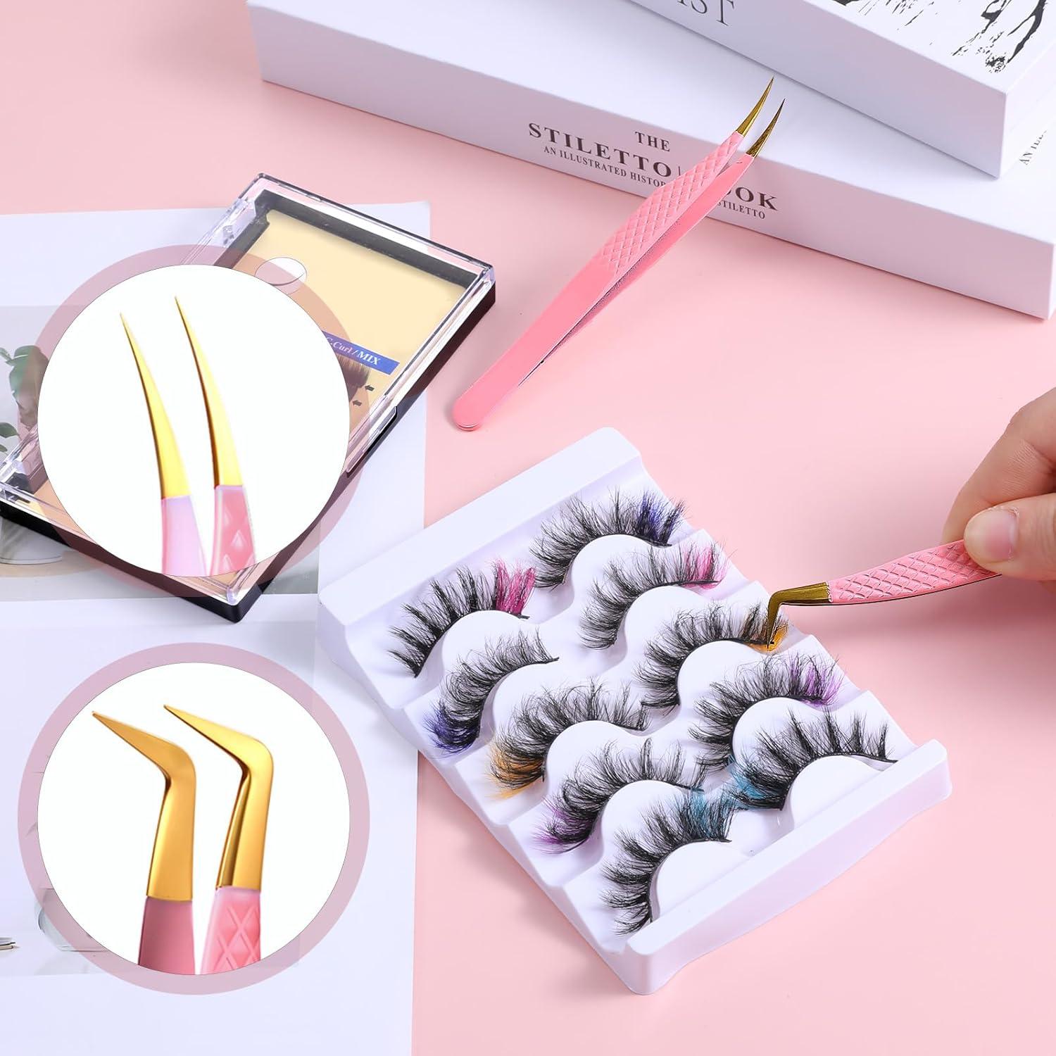 Pinzas para Pestañas TIESOME Rosa Inoxidable 2 Pcs Curvadas