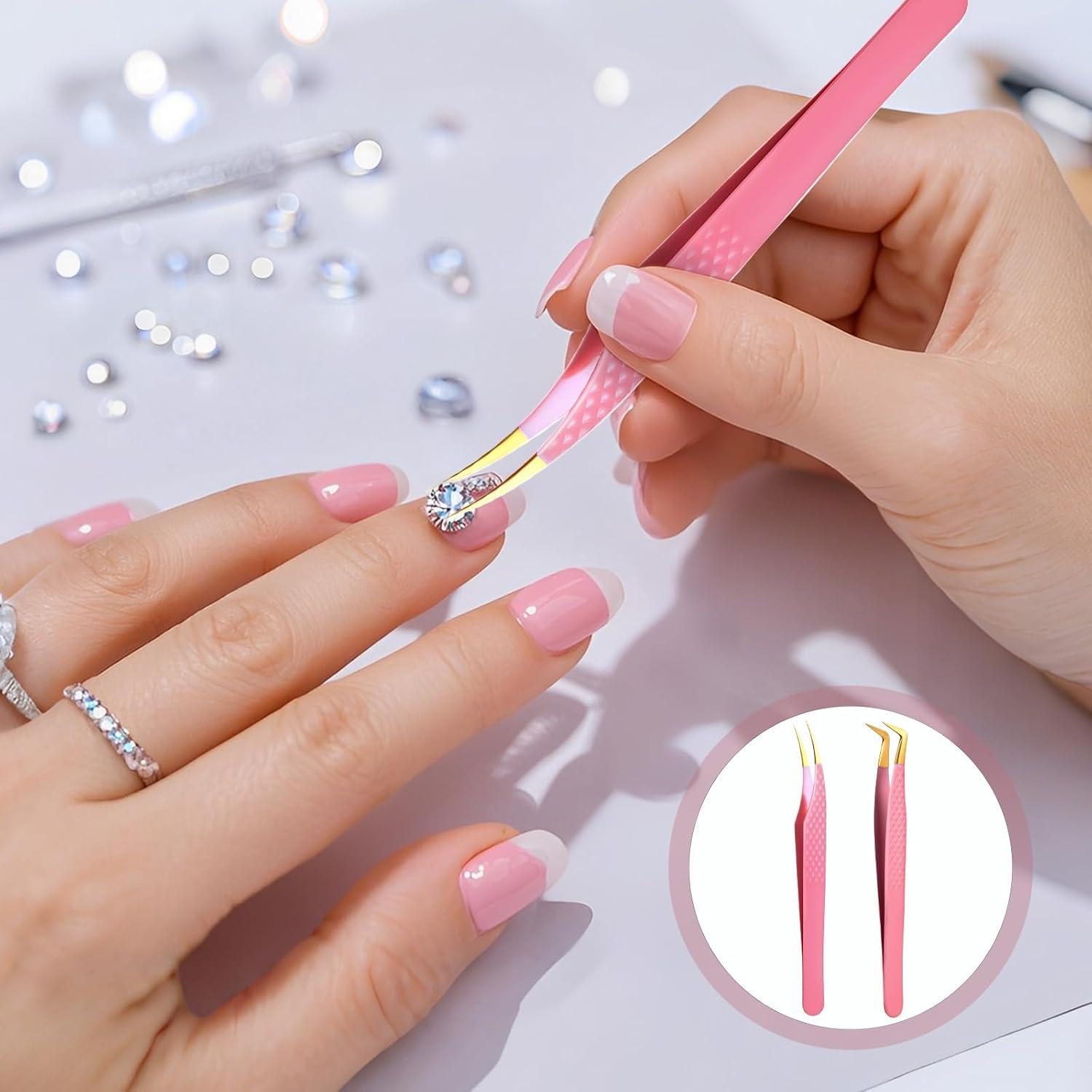 Pinzas para Pestañas TIESOME Rosa Inoxidable 2 Pcs Curvadas