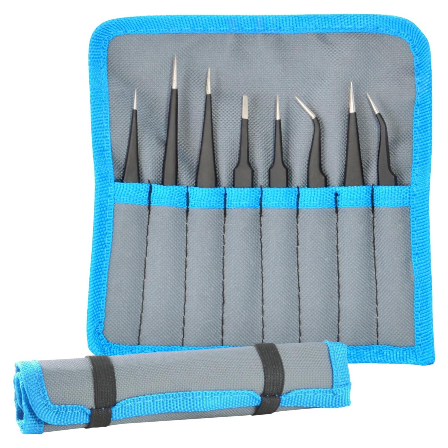 Juego de Pinzas ESD Delcast TZ-8X de Acero Inoxidable - 8 Piezas