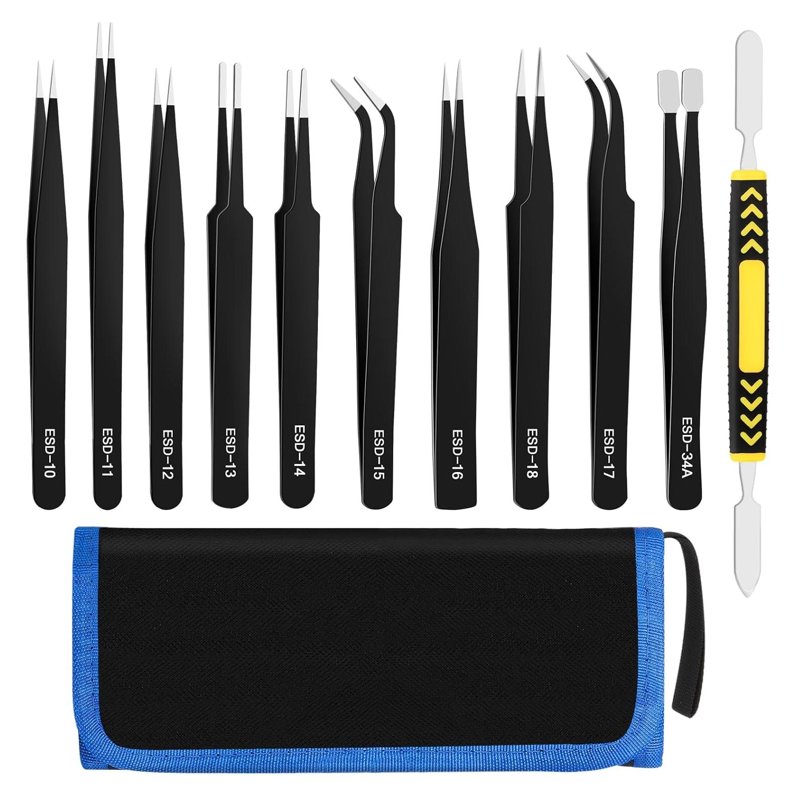 Juego de Pinzas ESD de Precisión 11 Piezas Acero Inoxidable