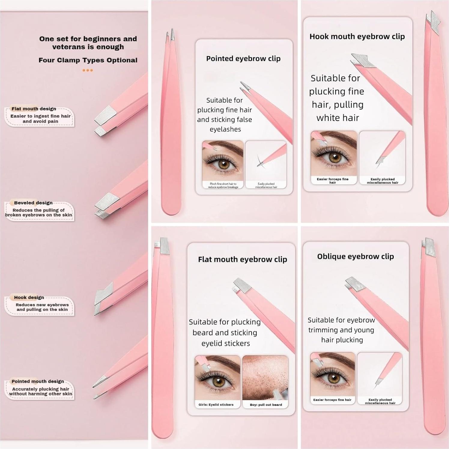 Juego de Pinzas para Vello Facial TIKIYOUN 4 Pcs Acero Inoxidable Rosa