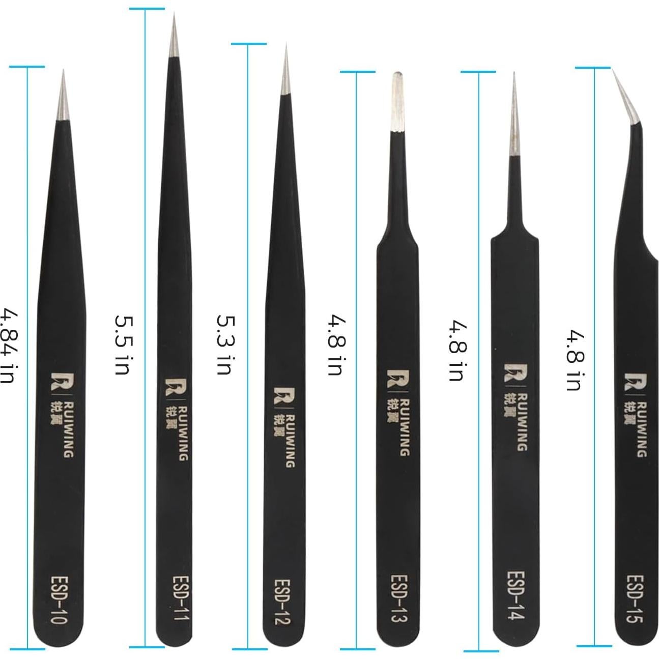 Juego de Pinzas de Precisión RUIWING 6 Piezas ESD Antiestáticas