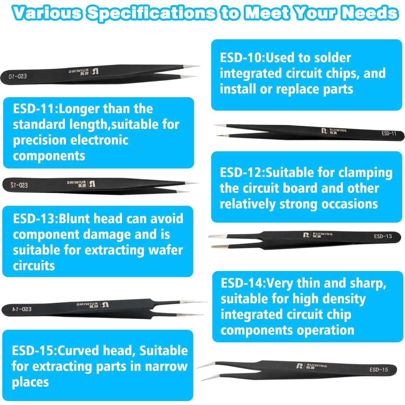 Juego de Pinzas de Precisión RUIWING 6 Piezas ESD Antiestáticas