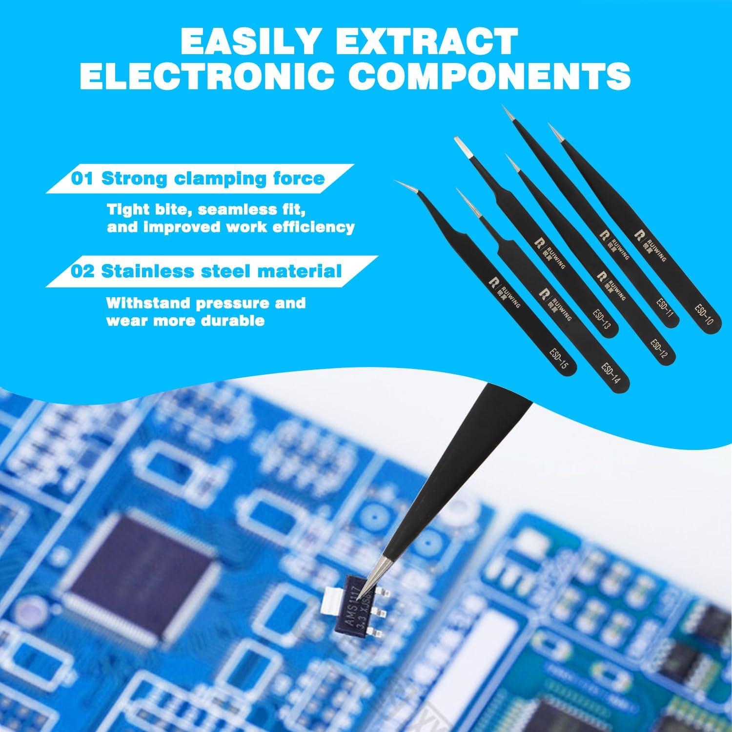 Juego de Pinzas de Precisión RUIWING 6 Piezas ESD Antiestáticas