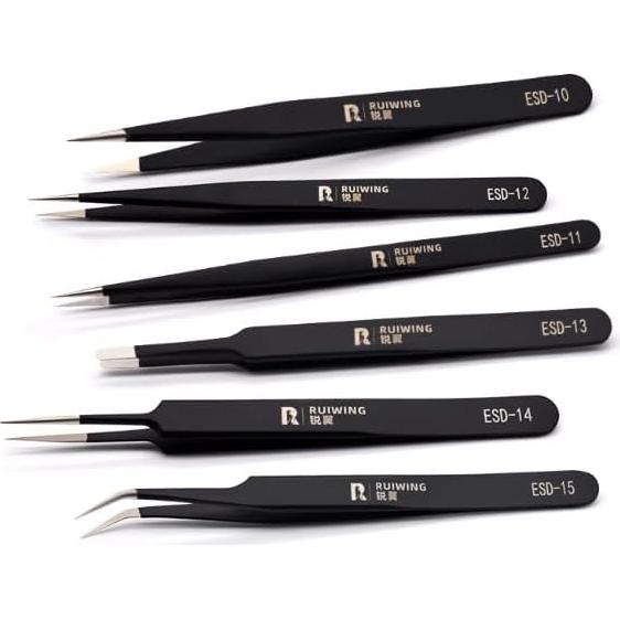 Juego de Pinzas de Precisión RUIWING 6 Piezas ESD Antiestáticas