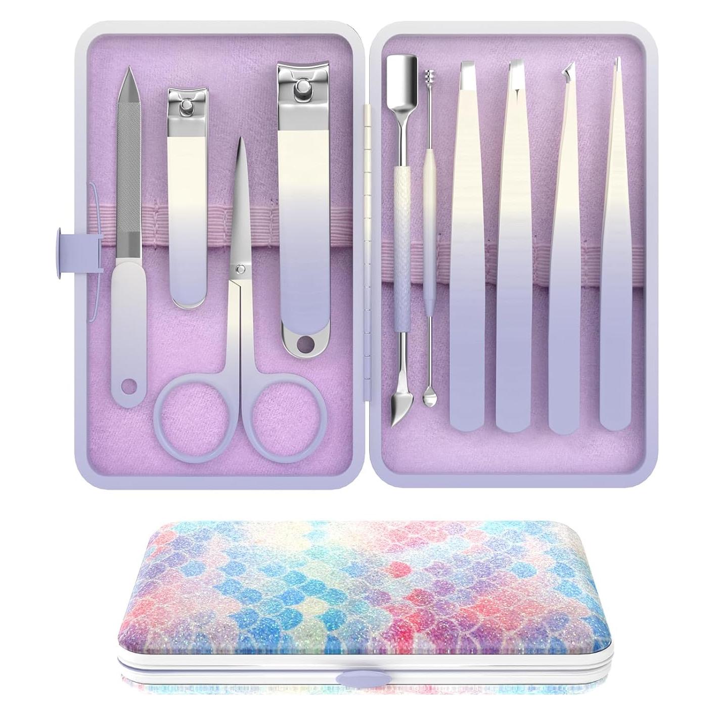 Juego de Manicura 10 en 1 ESSBES Acero Inoxidable Púrpura