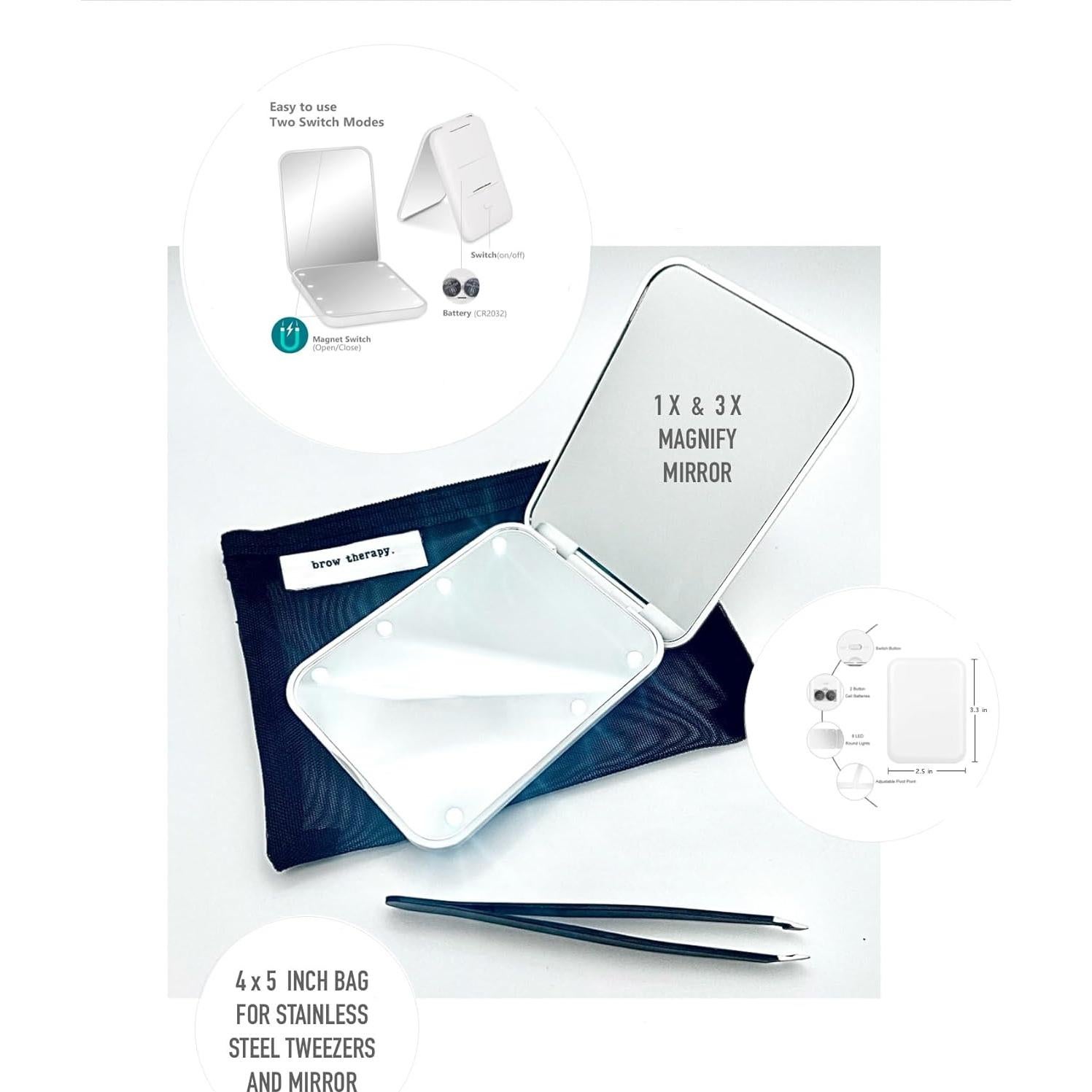 Espejo Compacto Iluminado LED Brow Therapy 1x/3x con Pinzas