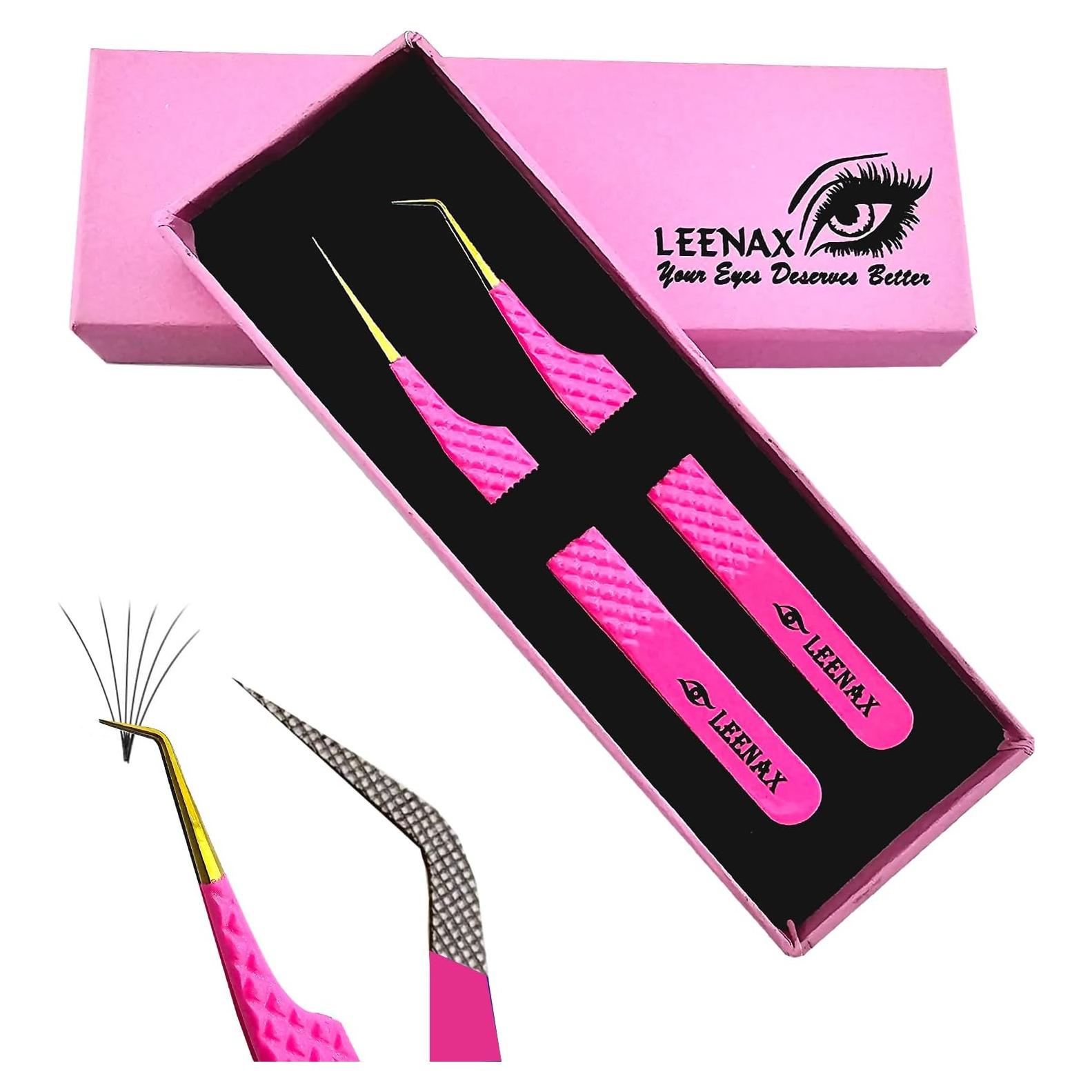 Pinzas de Acero Inoxidable Rosa Leenax para Pestañas - 2 Pcs