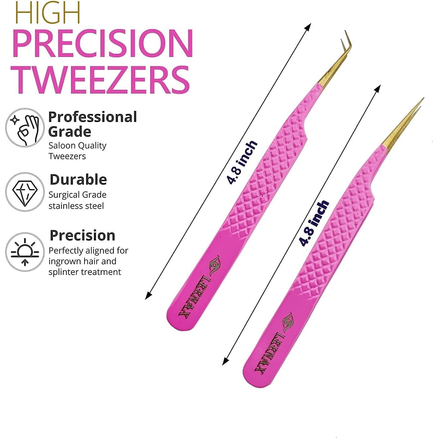 Pinzas de Acero Inoxidable Rosa Leenax para Pestañas - 2 Pcs