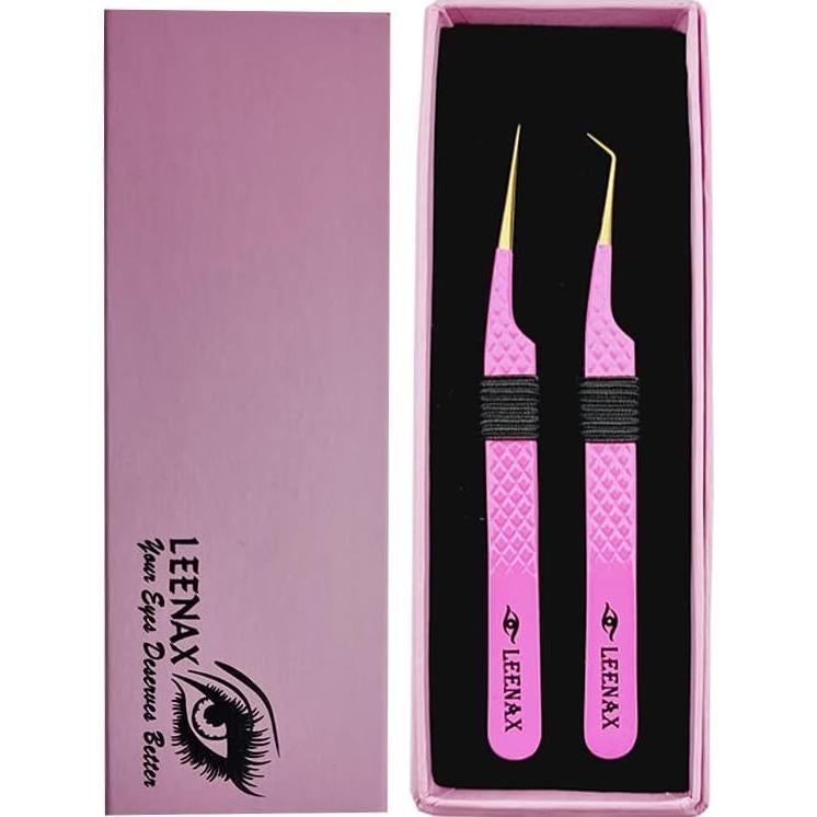 Pinzas de Acero Inoxidable Rosa Leenax para Pestañas - 2 Pcs