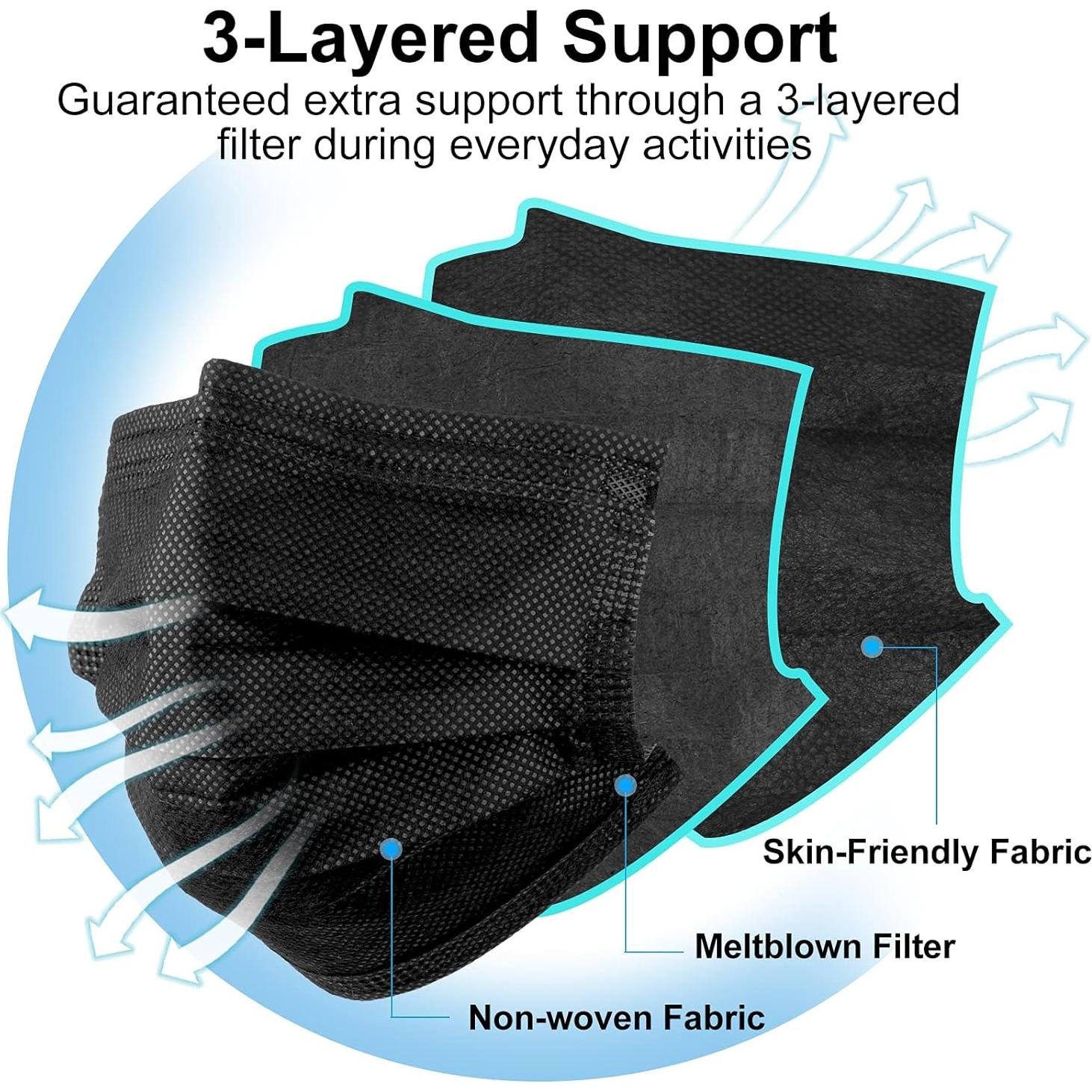 Mascarillas Desechables Negras Egook - Paquete 100 Pcs 3 Capas