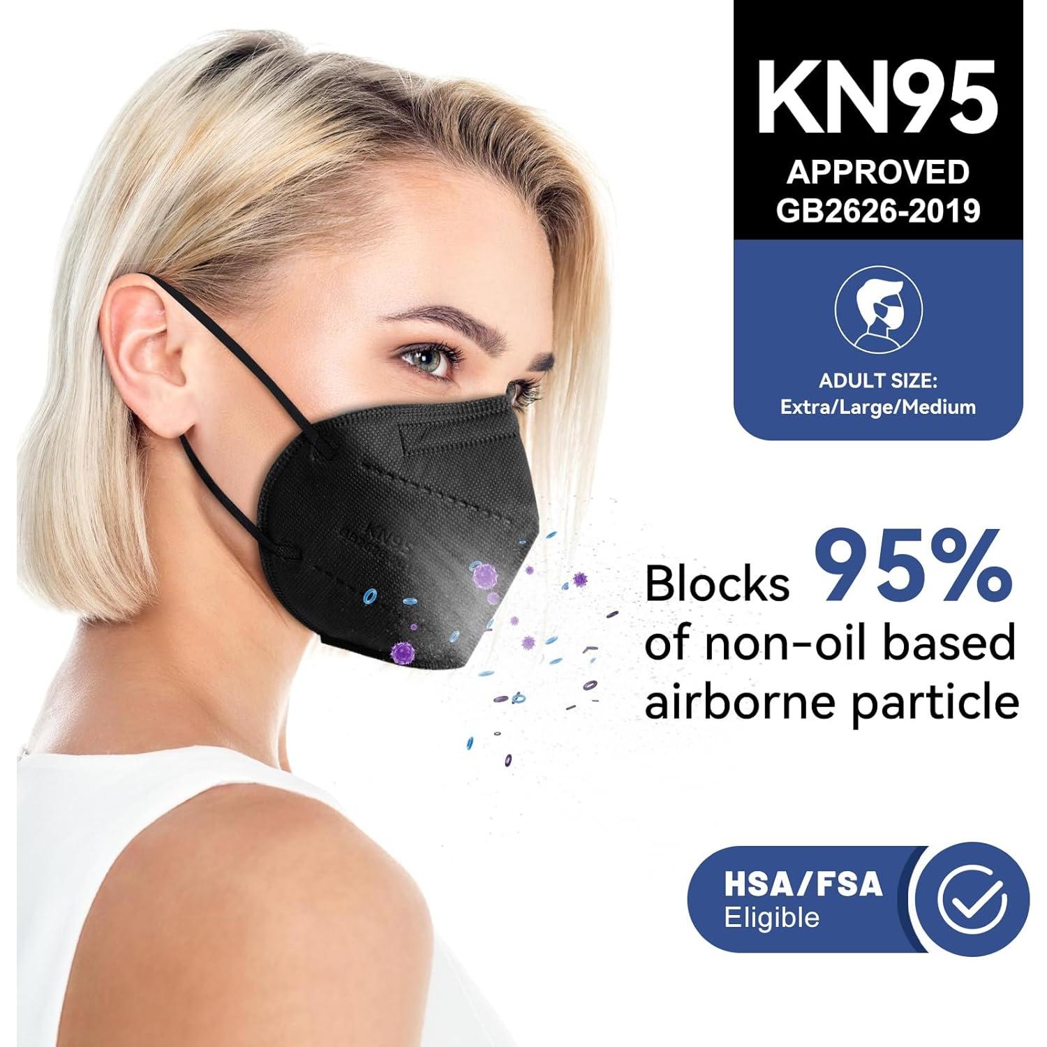 Mascarillas KN95 Negras Adulto - Paquete 100 Unidades 5 Capas