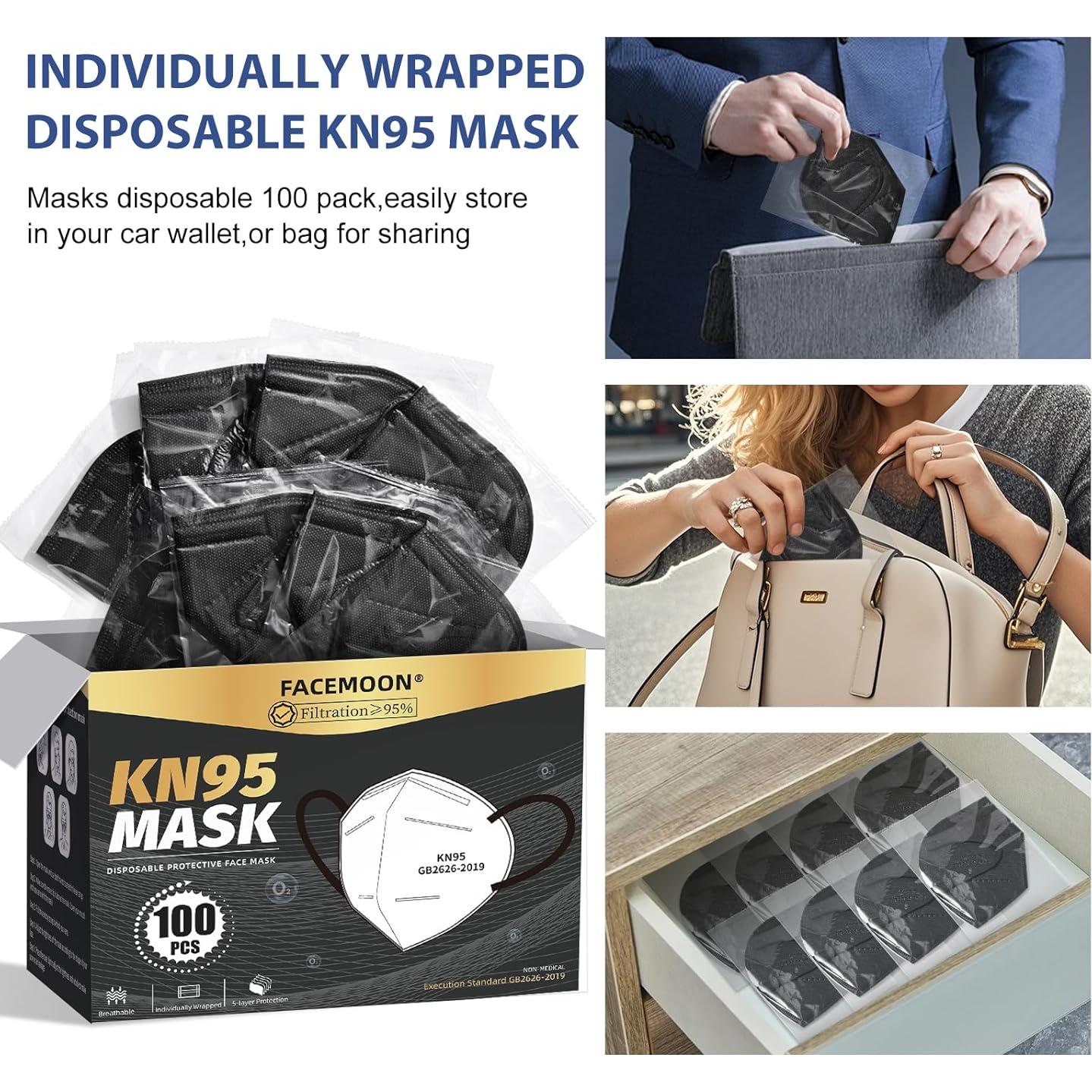 Mascarillas KN95 Negras Adulto - Paquete 100 Unidades 5 Capas