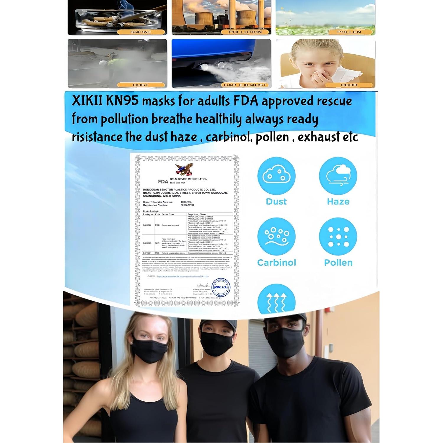 Mascarillas KN95 XIKII Negras 50 Pcs 5 Capas Filtrado 98%