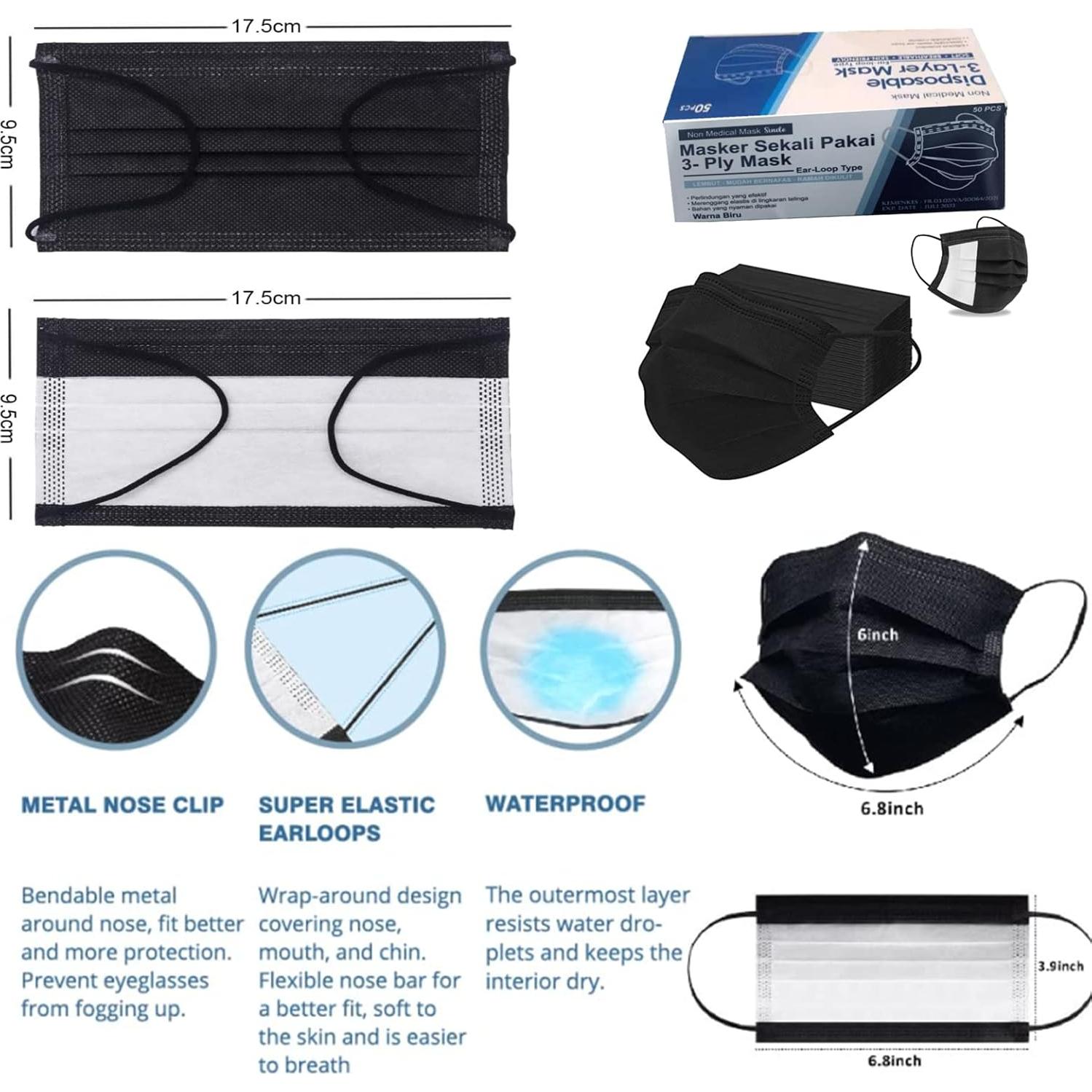 Mascarillas Desechables Negras 3 Capas - Paquete de 50 Unidades