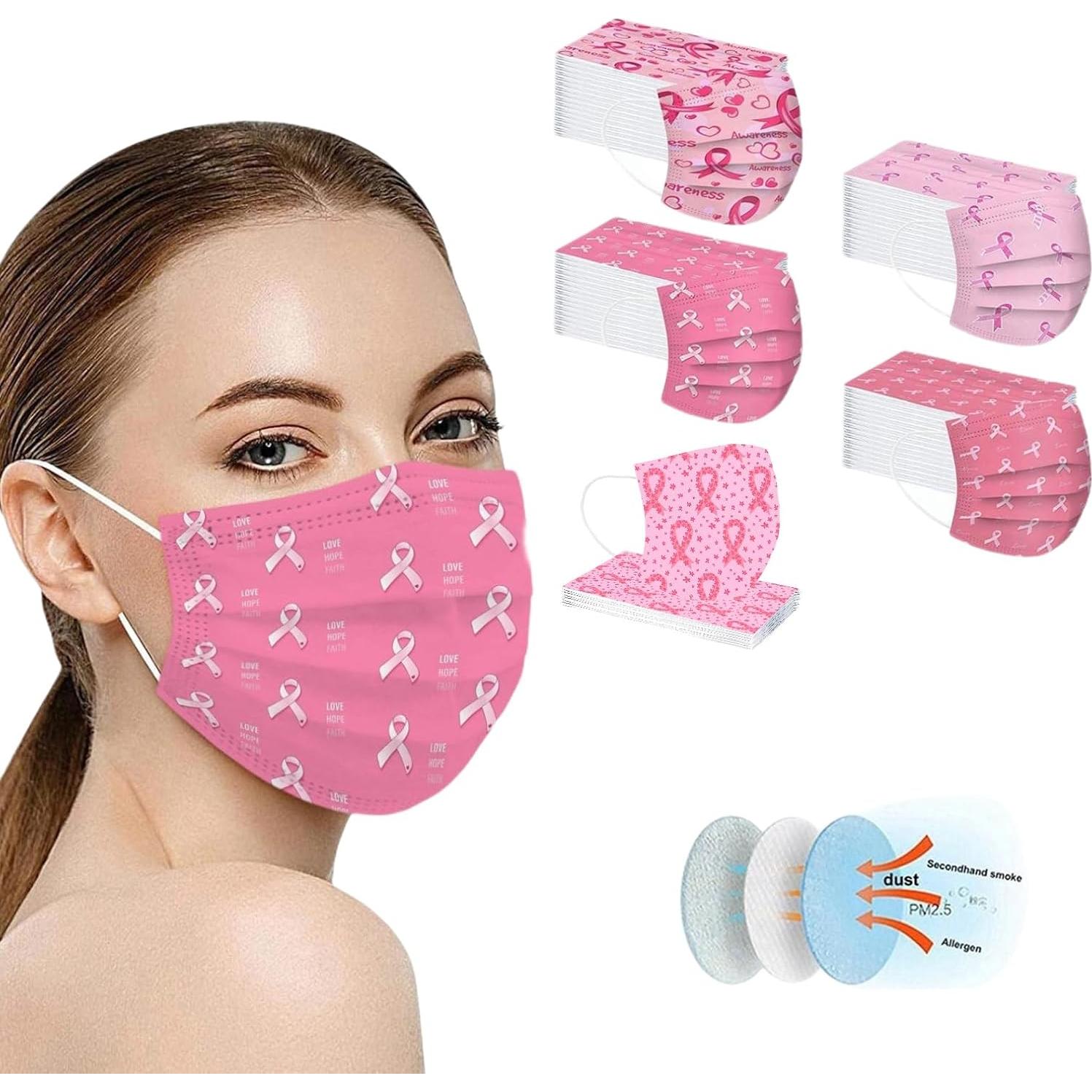Paquete de 50 mascarillas desechables rosa - Concienciación cáncer de mama
