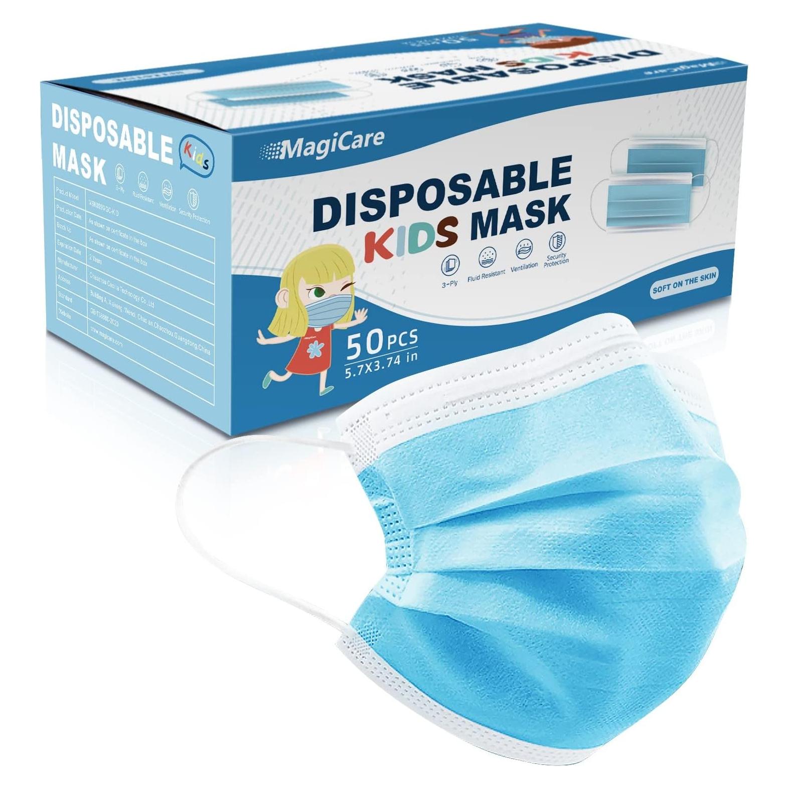 Mascarillas Faciales Desechables MAGICARE para Niños - 50 Piezas, 3 Capas, Azul