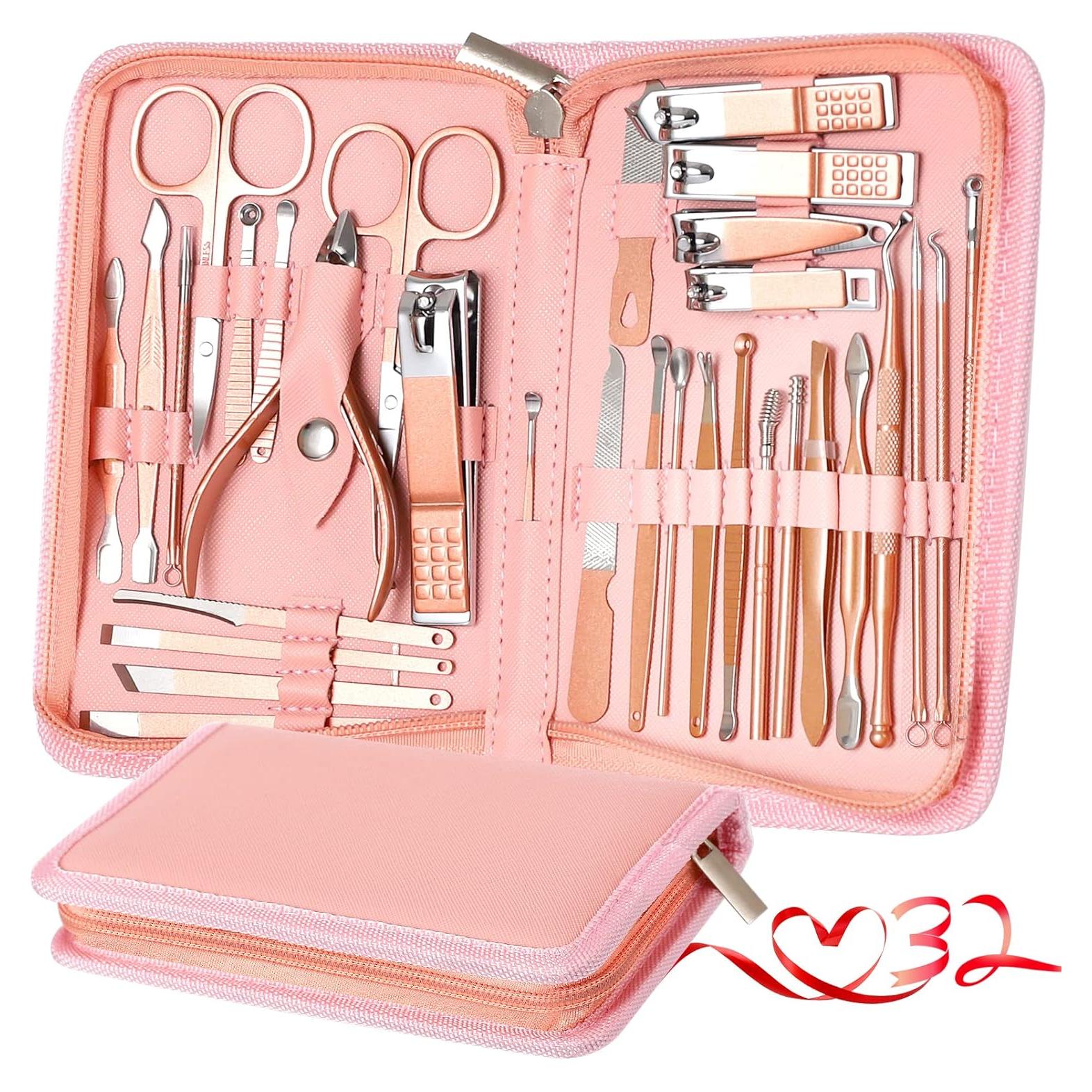 Kit de Manicura y Pedicura 32 en 1 KV.YSHQLNE Rosa Claro