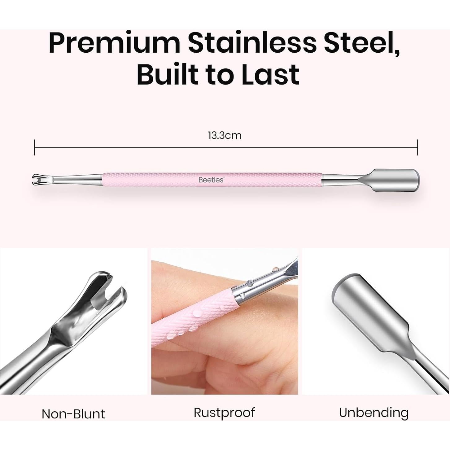 Removedor de Cutículas Doble Punta Beetles Acero Inoxidable Rosa