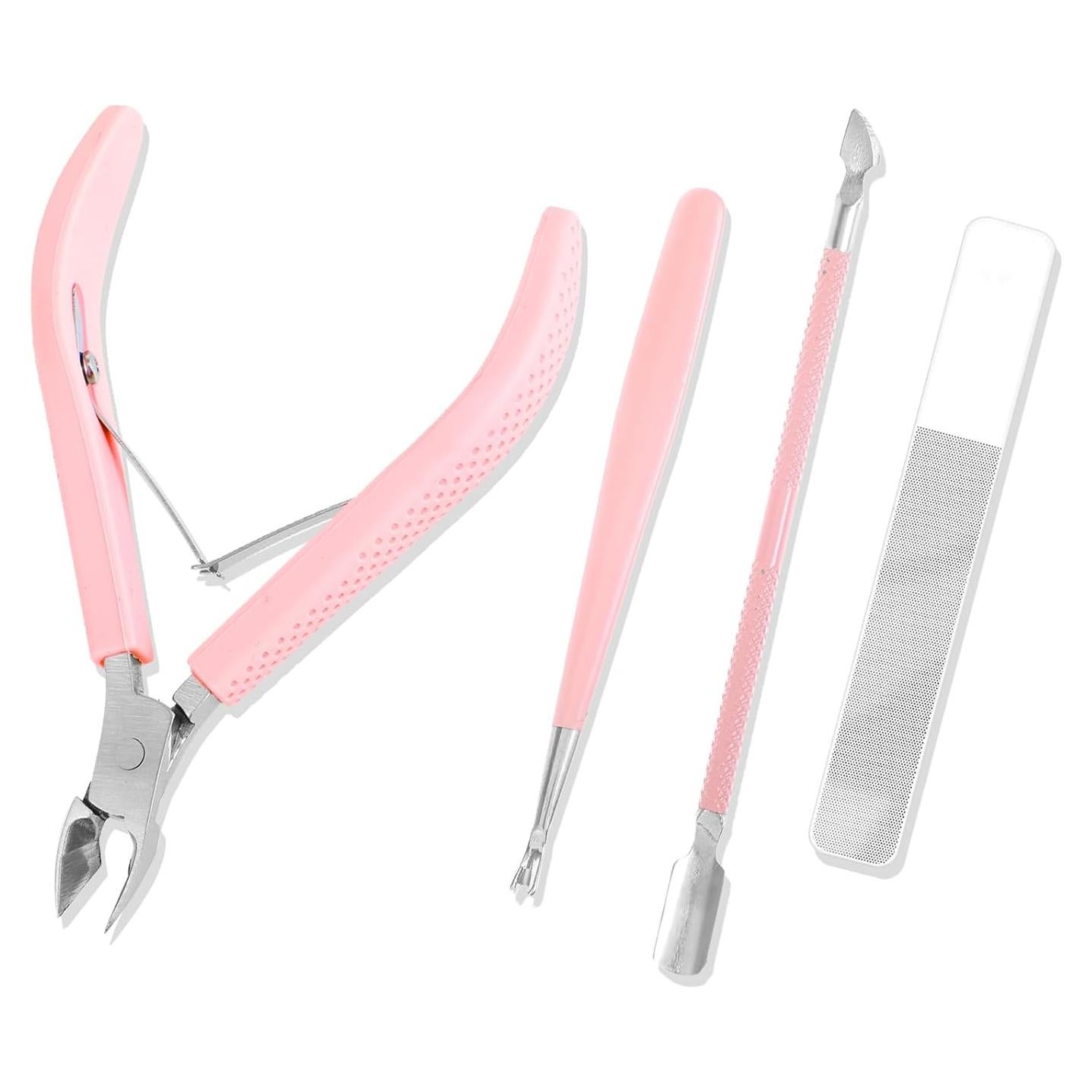 Kit Removedor de Cutículas Grevosea 4 Piezas Acero Inoxidable Rosa