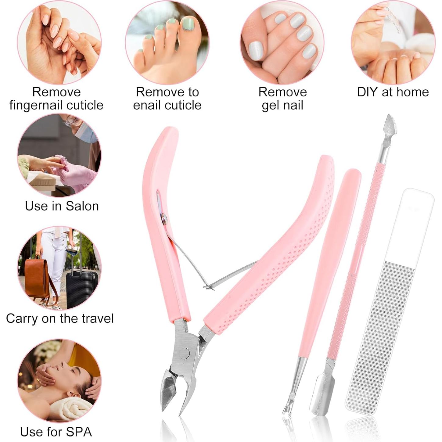 Kit Removedor de Cutículas Grevosea 4 Piezas Acero Inoxidable Rosa