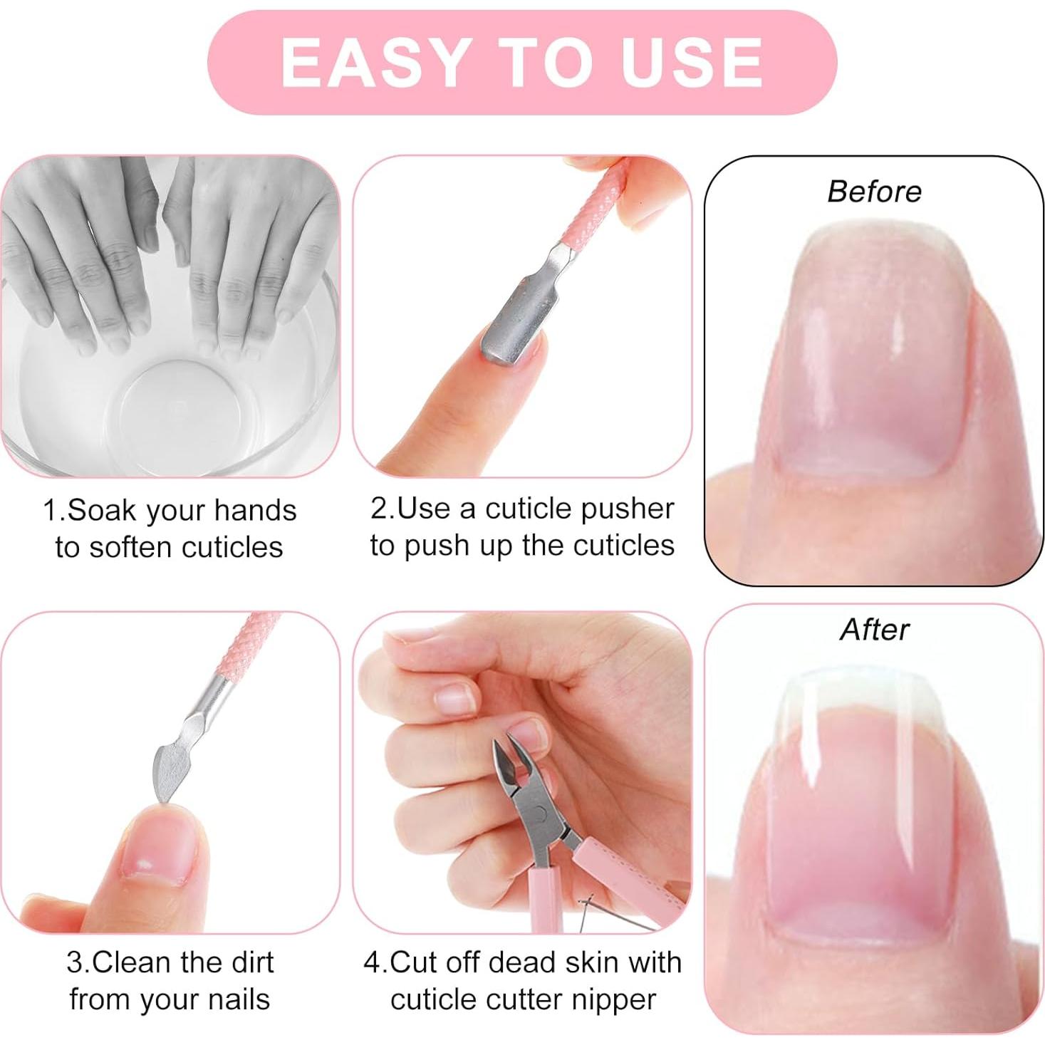 Kit Removedor de Cutículas Grevosea 4 Piezas Acero Inoxidable Rosa