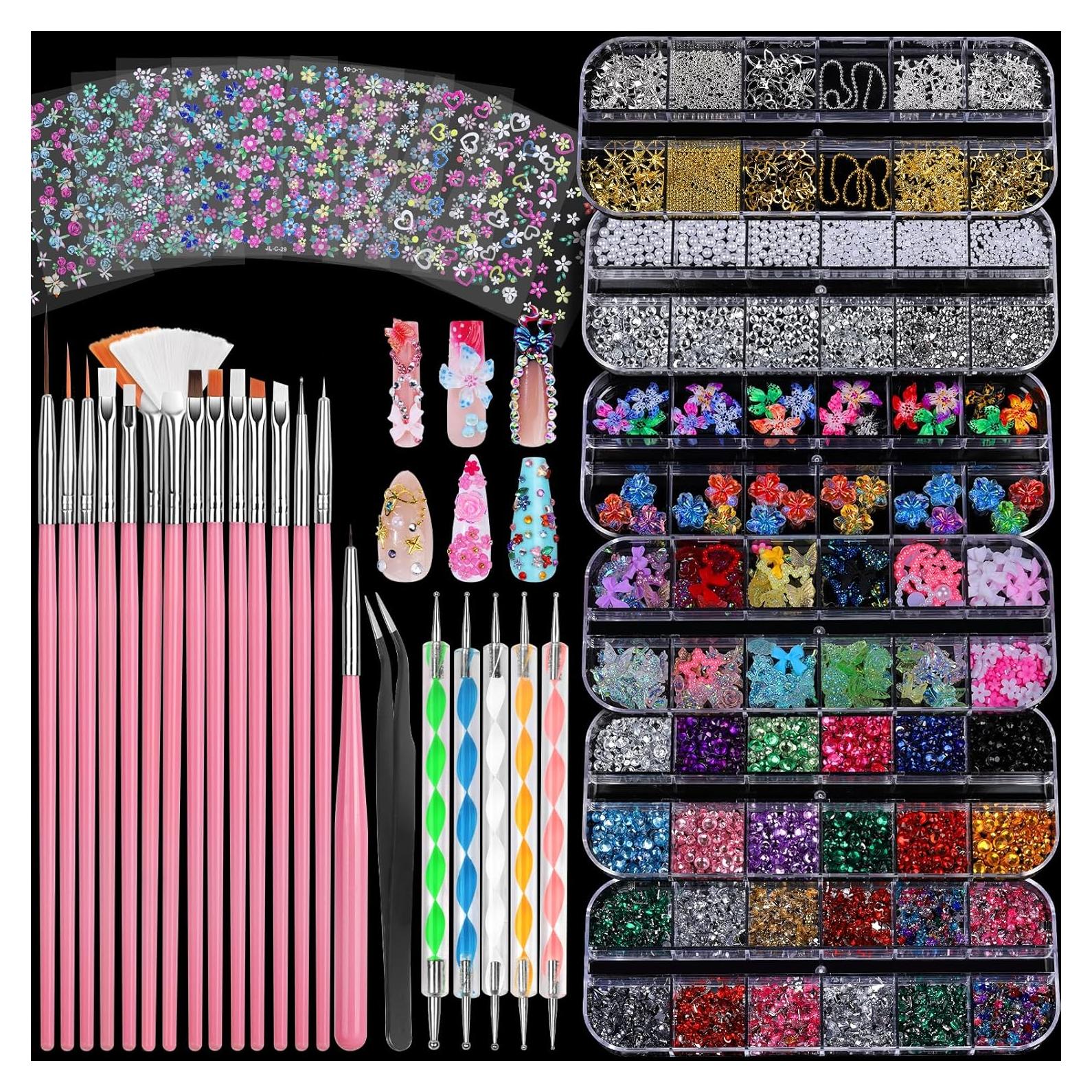 Kit de Arte de Uñas FANDAMEI con 15 Pinceles y 6 Encantos