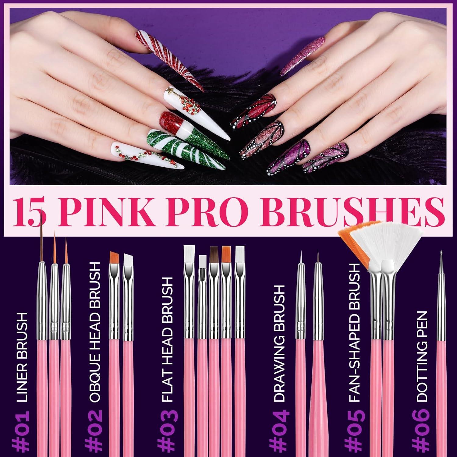 Kit de Arte de Uñas FANDAMEI con 15 Pinceles y 6 Encantos