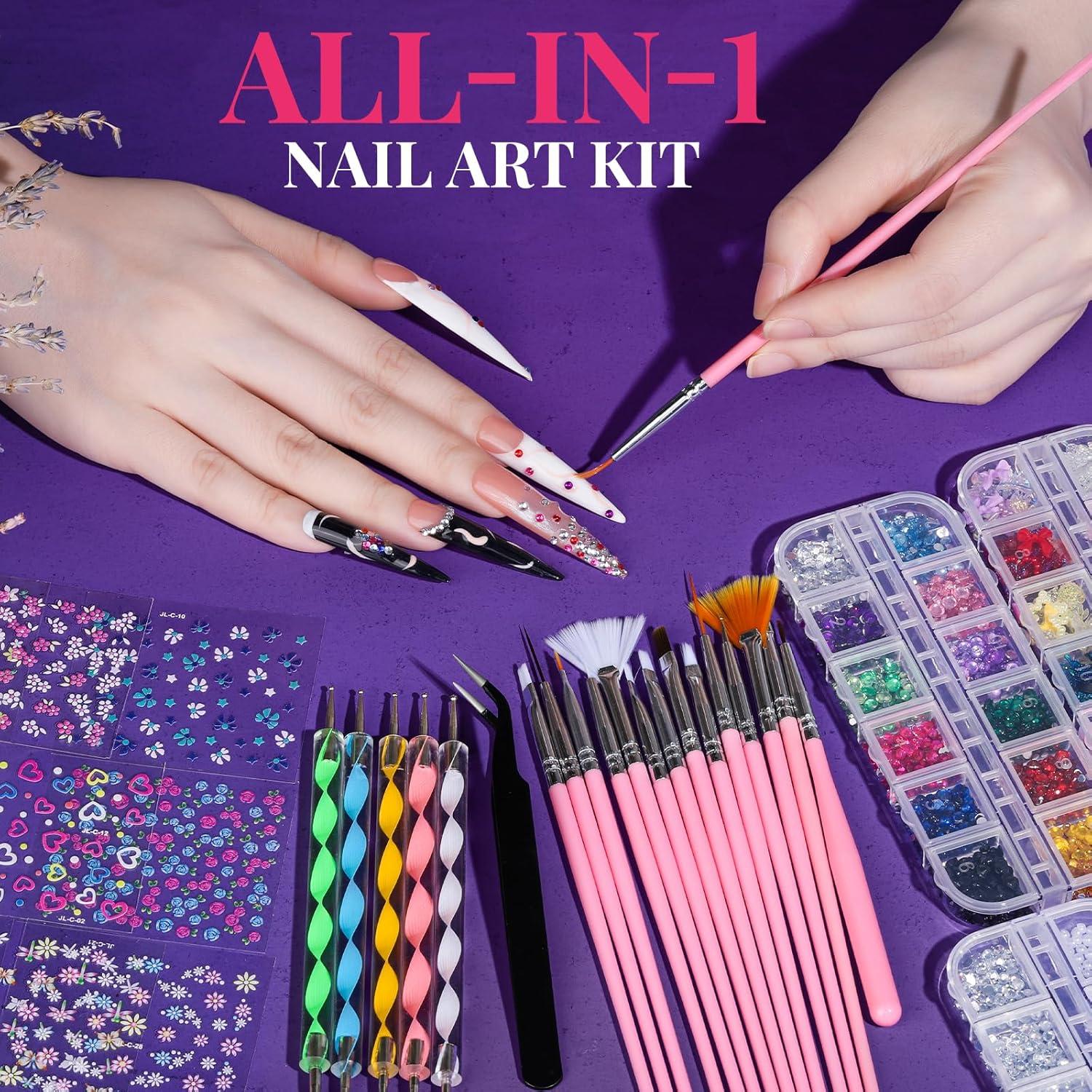 Kit de Arte de Uñas FANDAMEI con 15 Pinceles y 6 Encantos