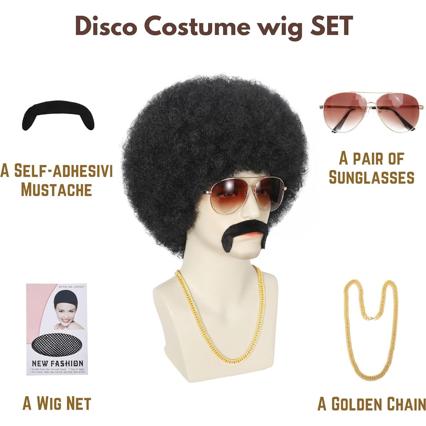 Peluca Afro Estilo Disco Bromobiz para Hombres - Negro