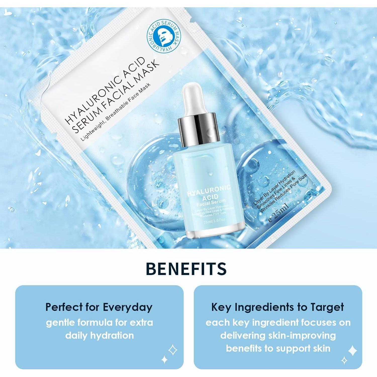 Mascarillas Faciales IREV de Ácido Hialurónico - Hidratación Profunda, Paquete de 10