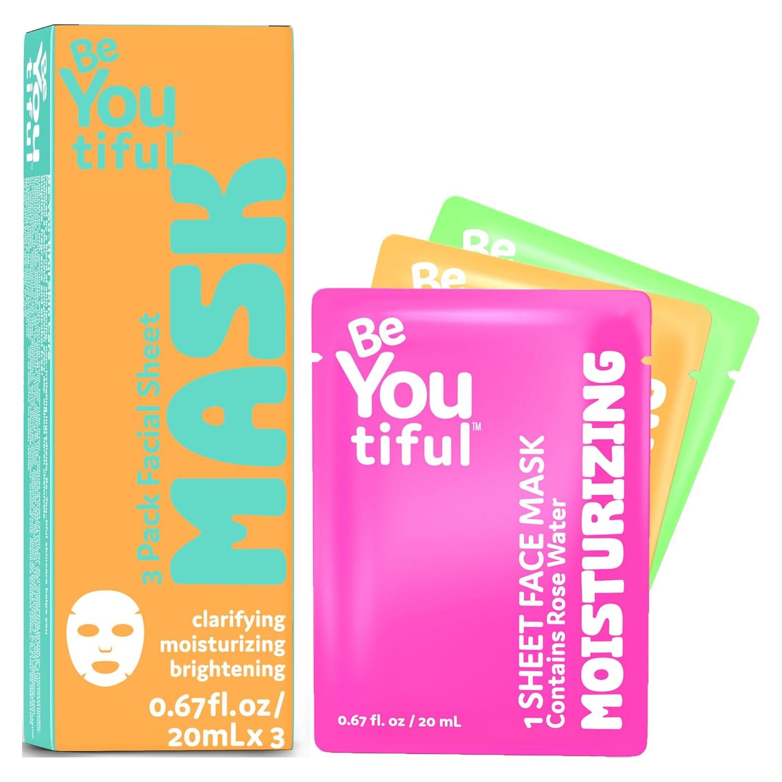 BeYoutiful Hydrating Face Mask Spa Set For Kids and Teens, Skin Care Facial Mask Set for All Skin Types and Ages, Boy and Girls, Box Includes 3 Masks
