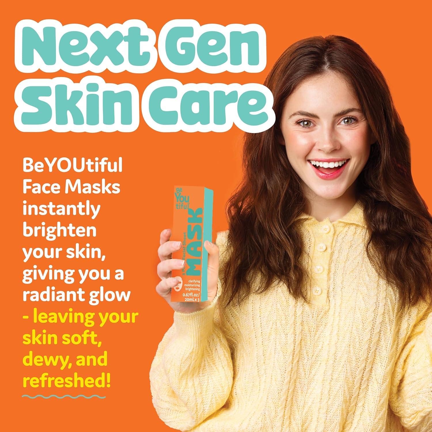 BeYoutiful Hydrating Face Mask Spa Set For Kids and Teens, Skin Care Facial Mask Set for All Skin Types and Ages, Boy and Girls, Box Includes 3 Masks