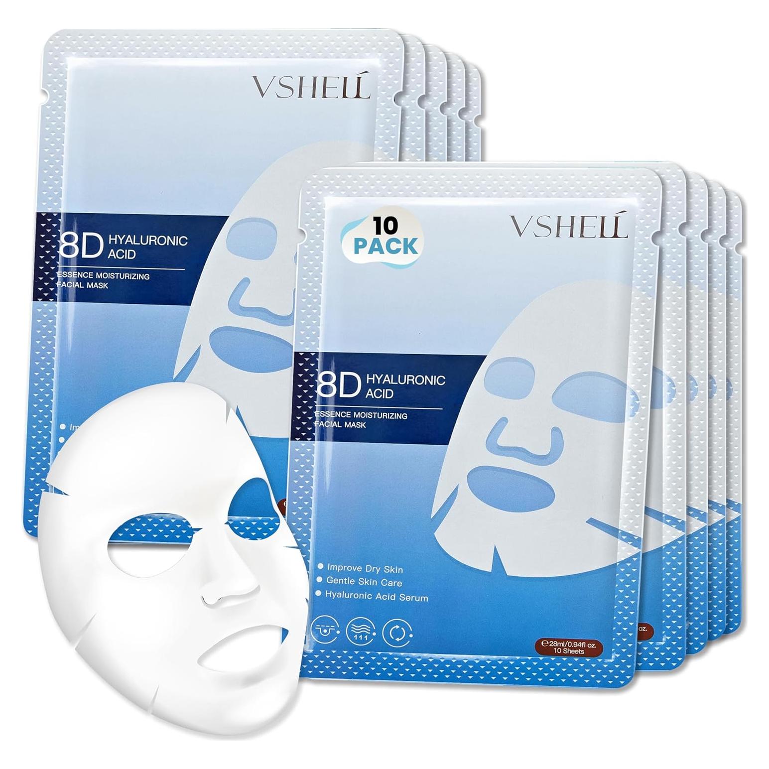 Mascarilla Facial Hidratante VSHELL - Ácido Hialurónico 8D, Set de 10
