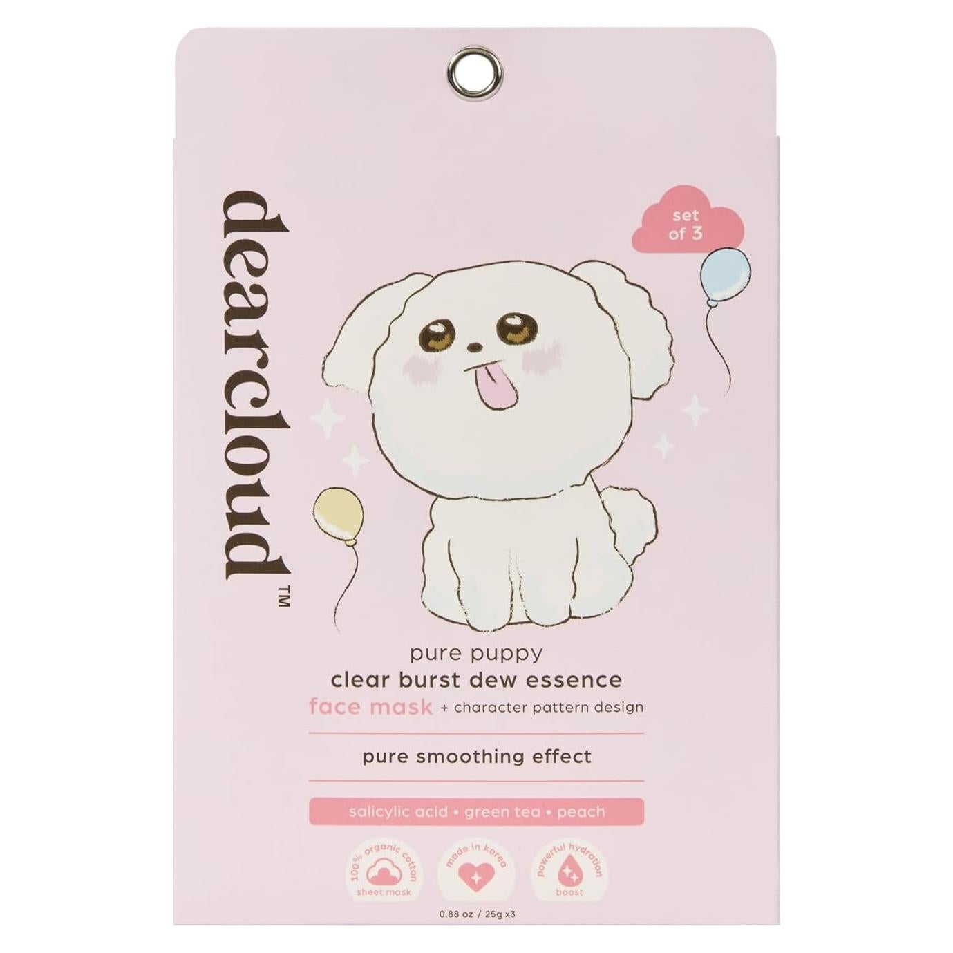 Máscara Facial Dearcloud Cachorro Puro - 3 Unidades - Ácido Salicílico, Té Verde, Durazno