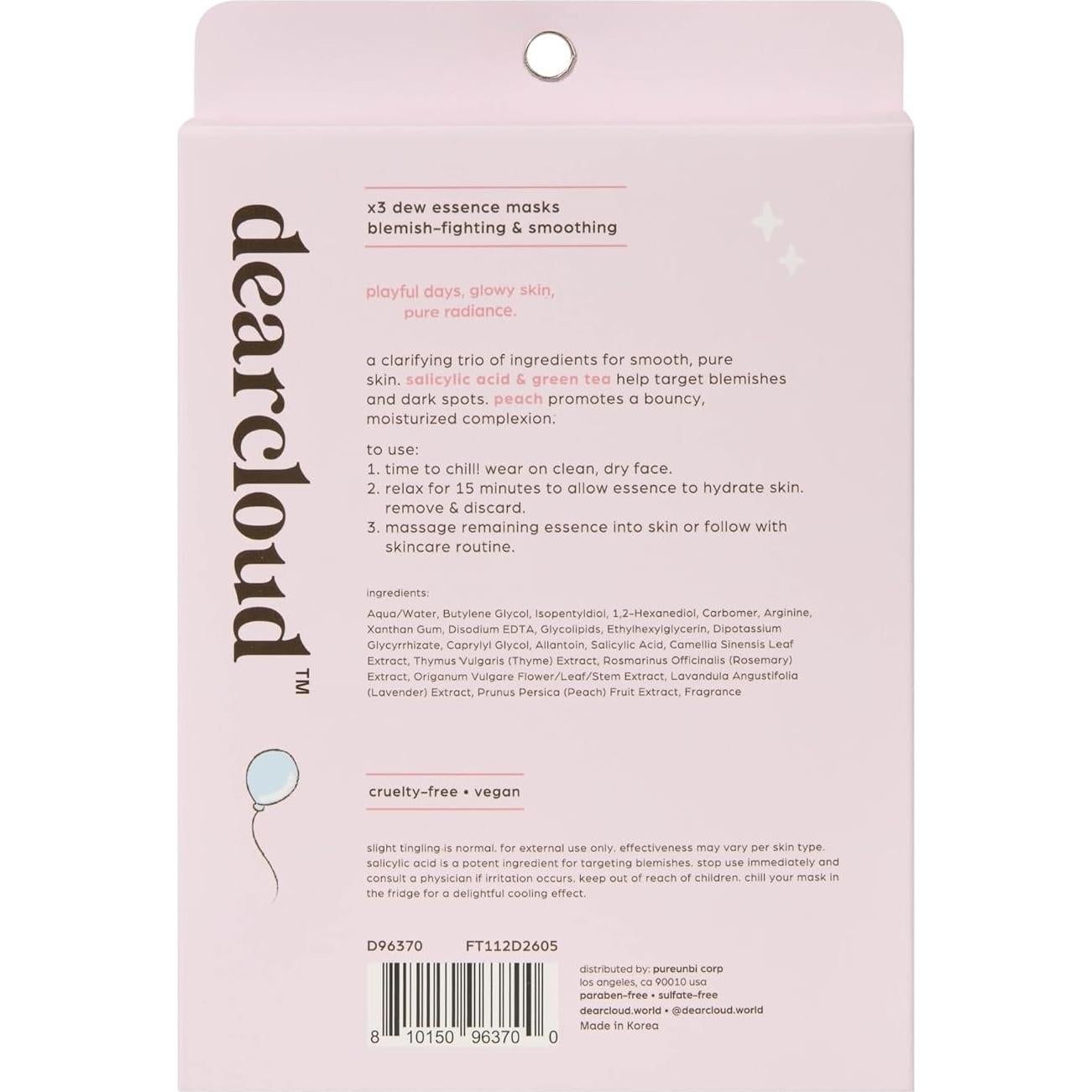 Máscara Facial Dearcloud Cachorro Puro - 3 Unidades - Ácido Salicílico, Té Verde, Durazno