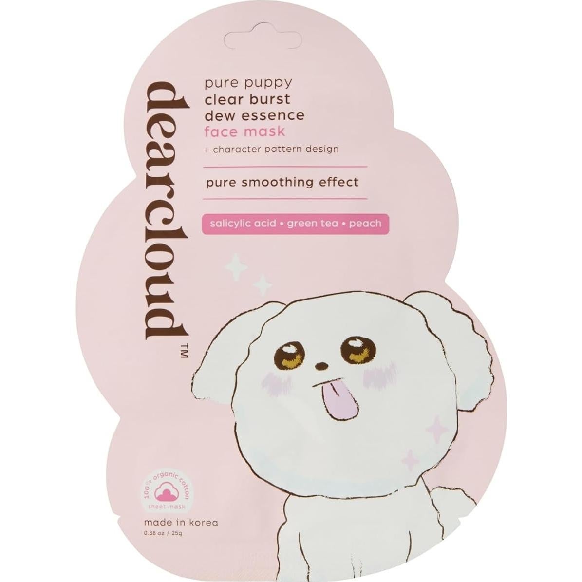 Máscara Facial Dearcloud Cachorro Puro - 3 Unidades - Ácido Salicílico, Té Verde, Durazno