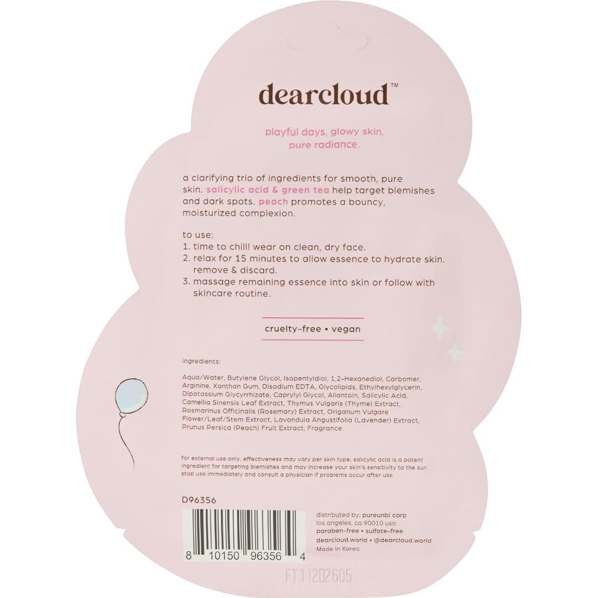 Máscara Facial Dearcloud Cachorro Puro - 3 Unidades - Ácido Salicílico, Té Verde, Durazno