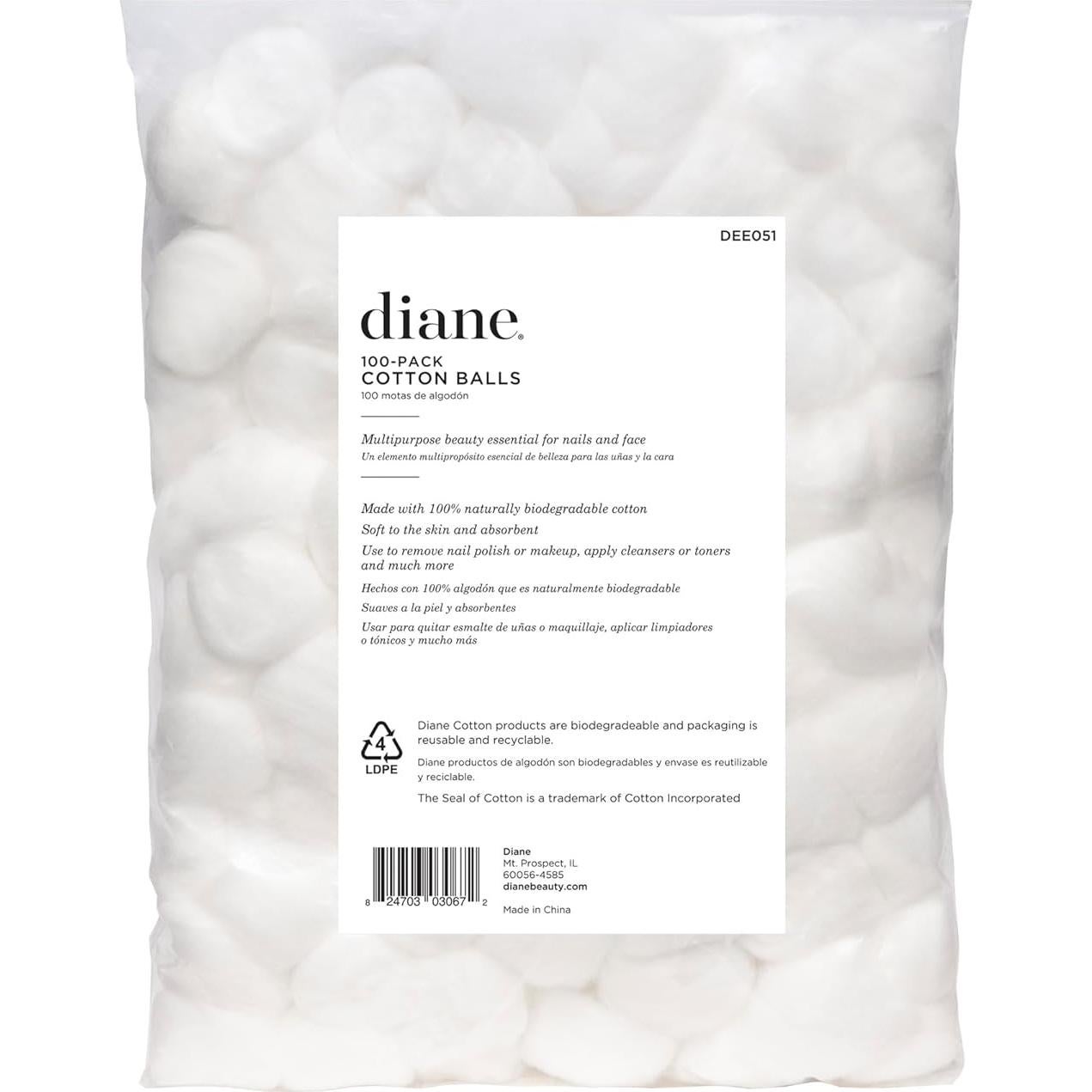 Bolas de Algodón 100% Puras Diane - 100 Unidades para Belleza