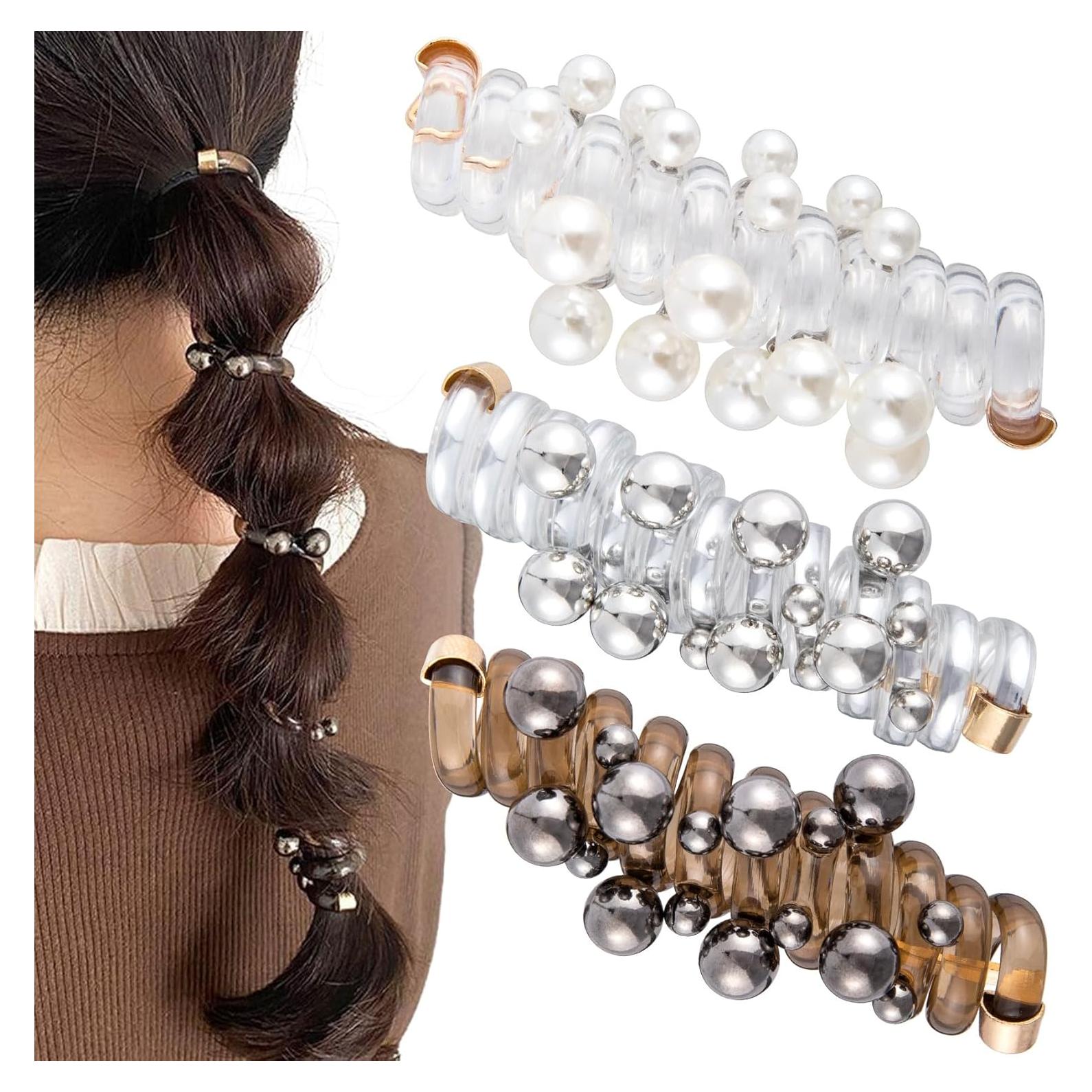 3 Lazos de Pelo Espirales con Perlas SmallCat - Negro, Blanco, Plateado