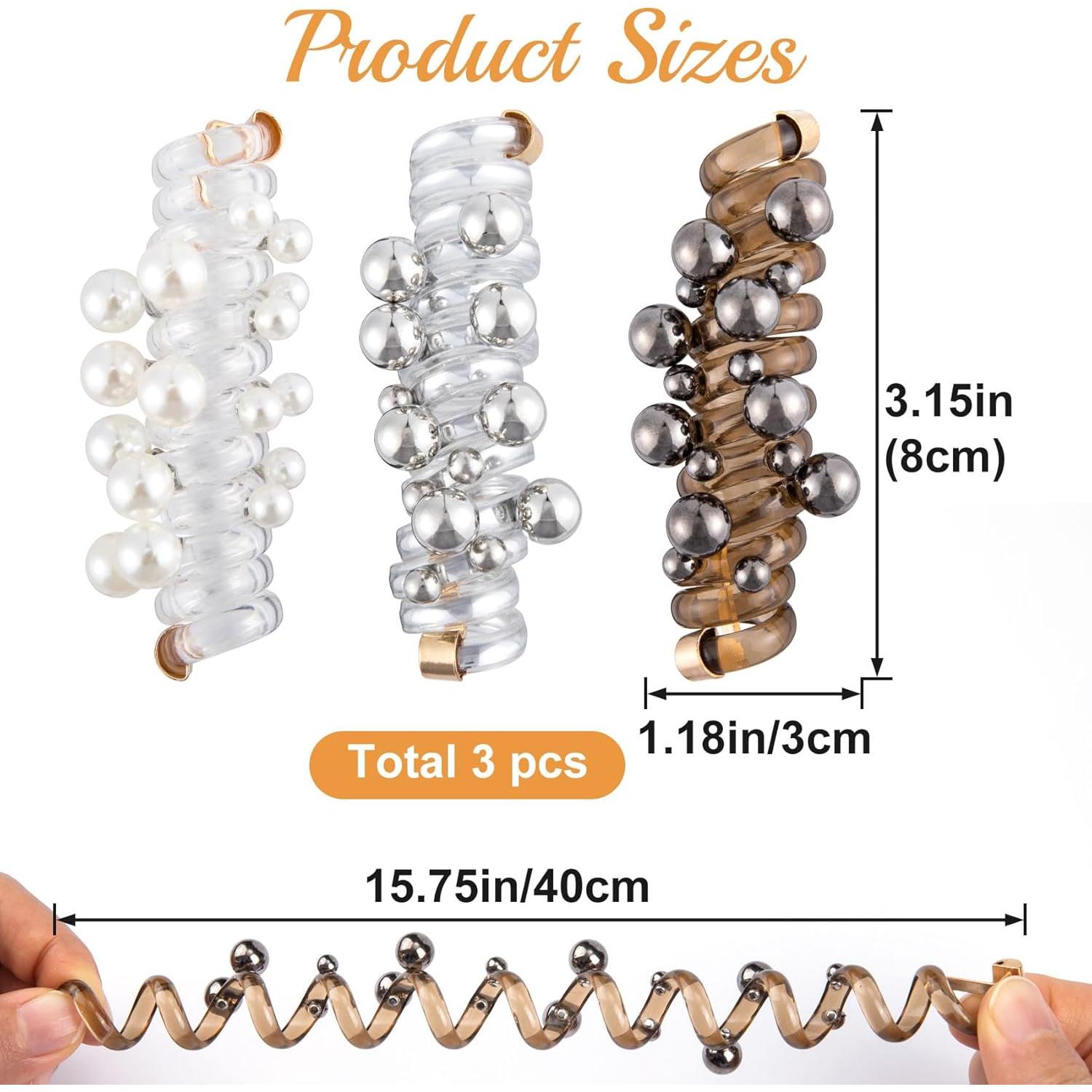 3 Lazos de Pelo Espirales con Perlas SmallCat - Negro, Blanco, Plateado