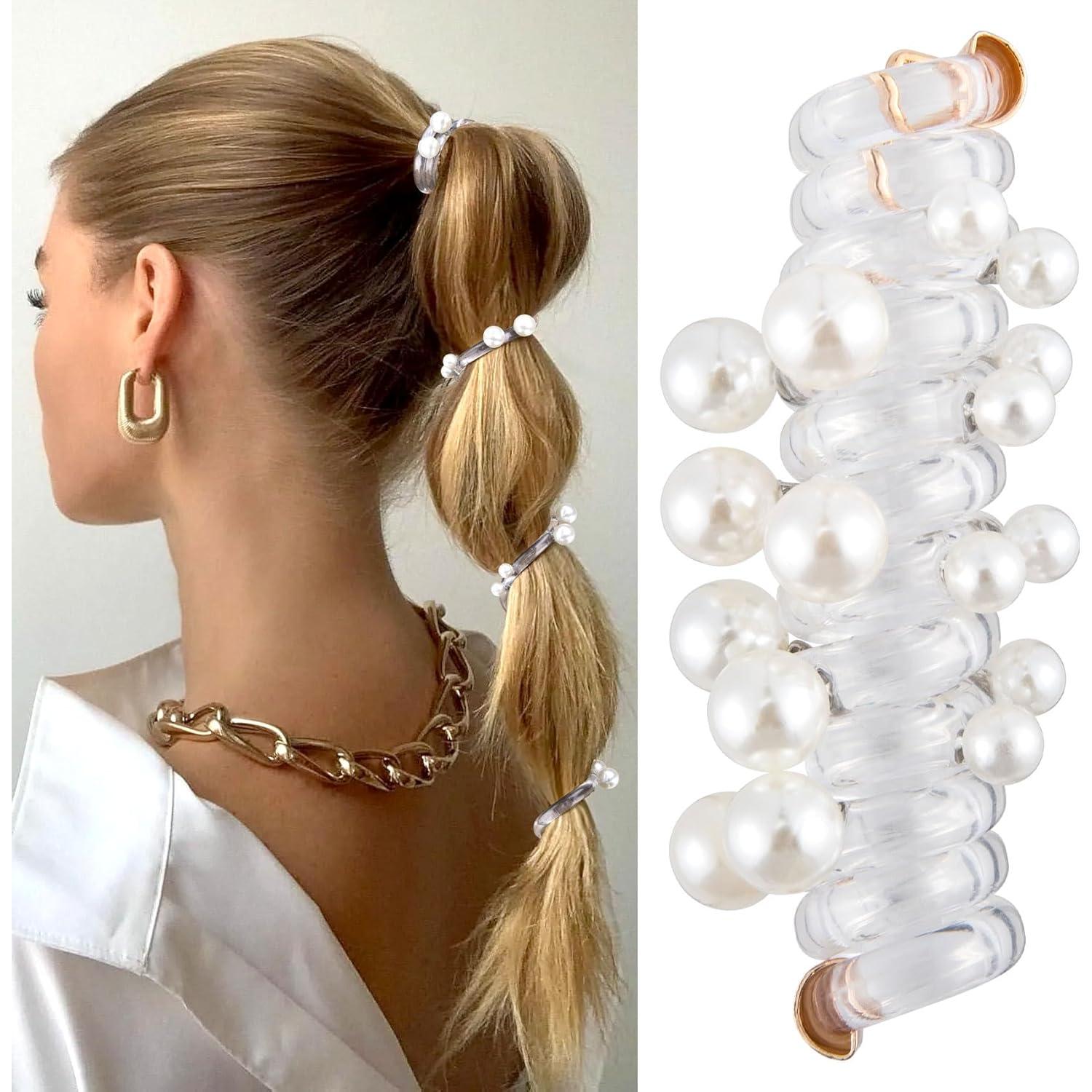 3 Lazos de Pelo Espirales con Perlas SmallCat - Negro, Blanco, Plateado