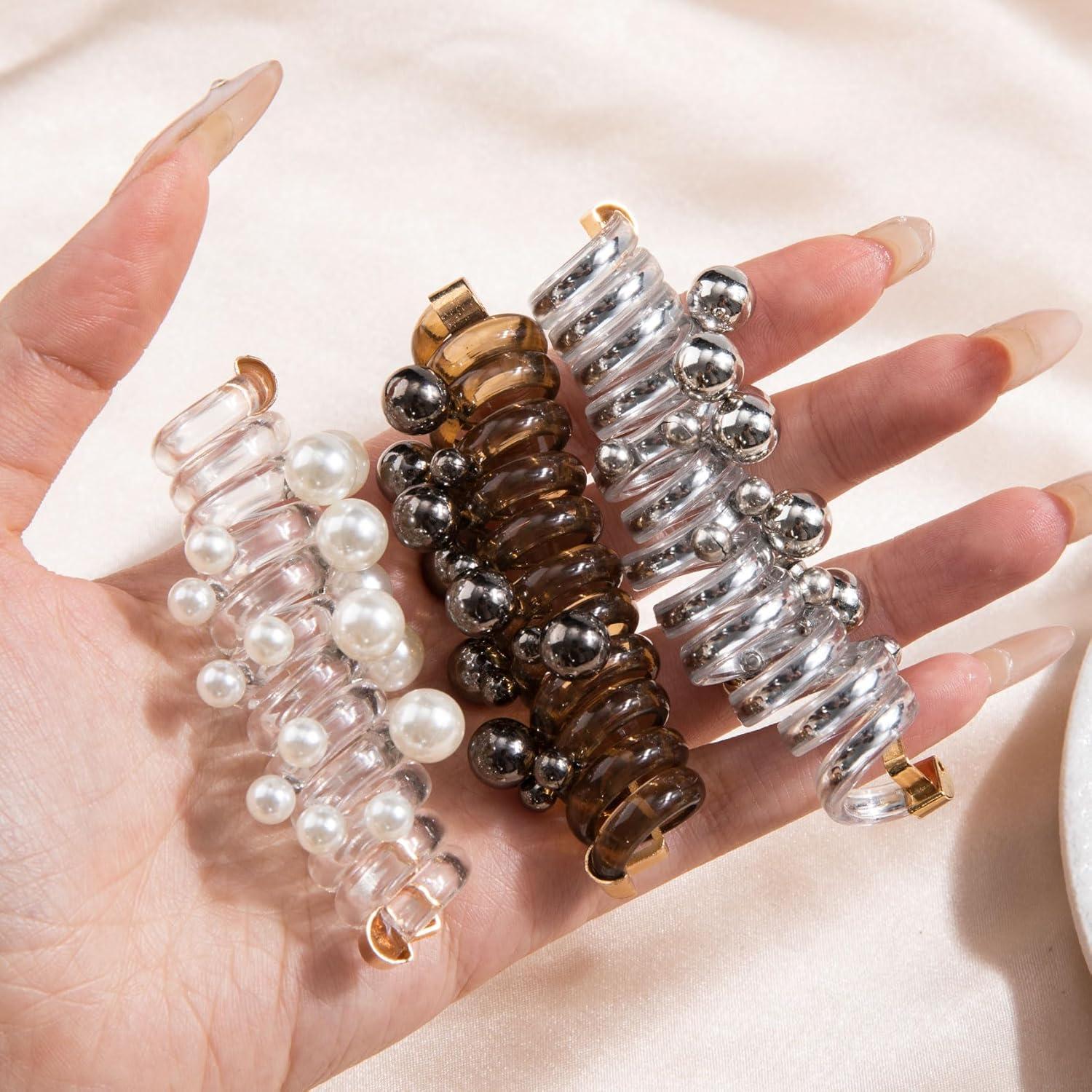 3 Lazos de Pelo Espirales con Perlas SmallCat - Negro, Blanco, Plateado